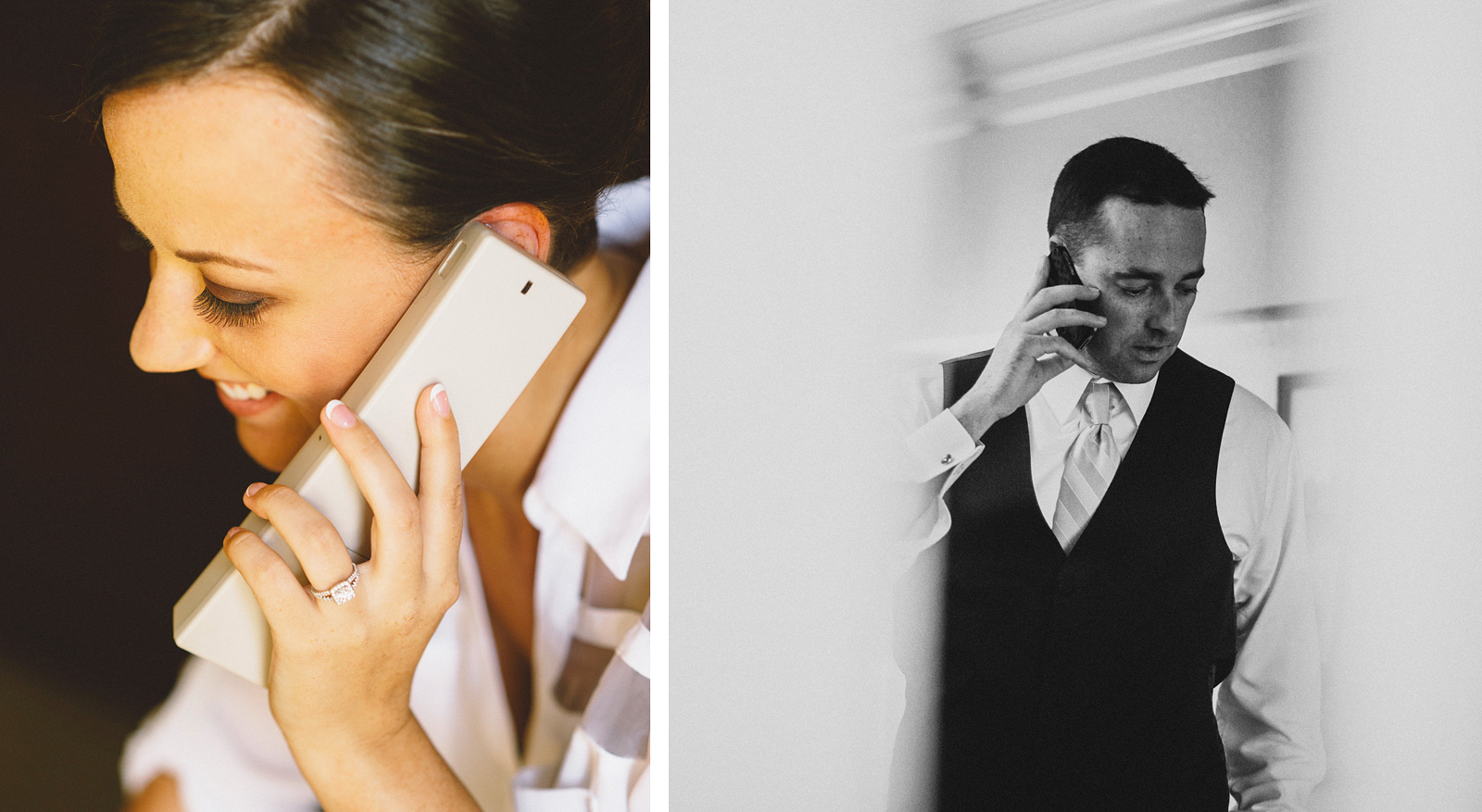 Bride and Groom talking on the phone | Sacramento Firehouse Wedding