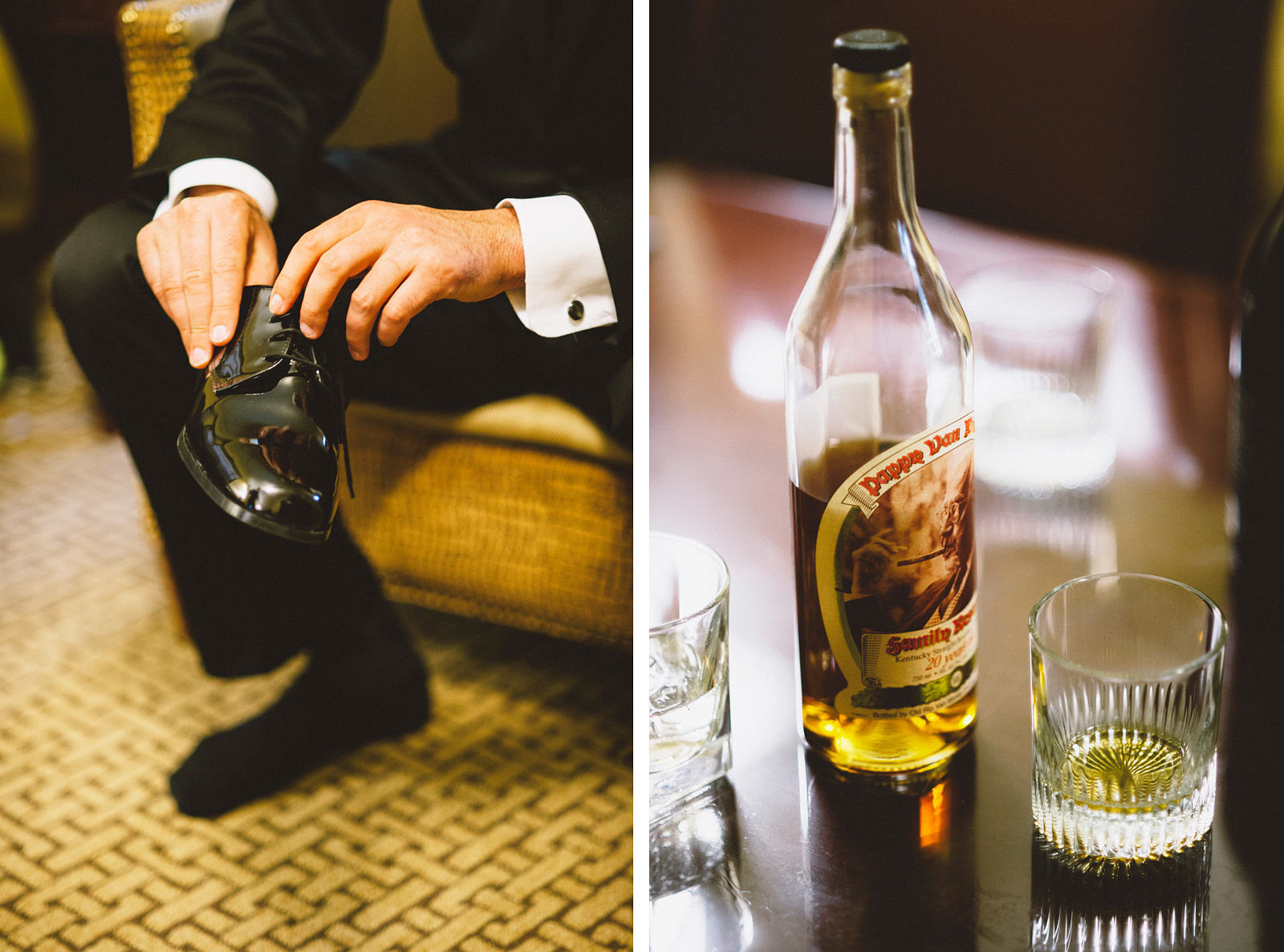 Groom getting dressed with a bottle of Pappy whiskey | Sacramento Firehouse Wedding