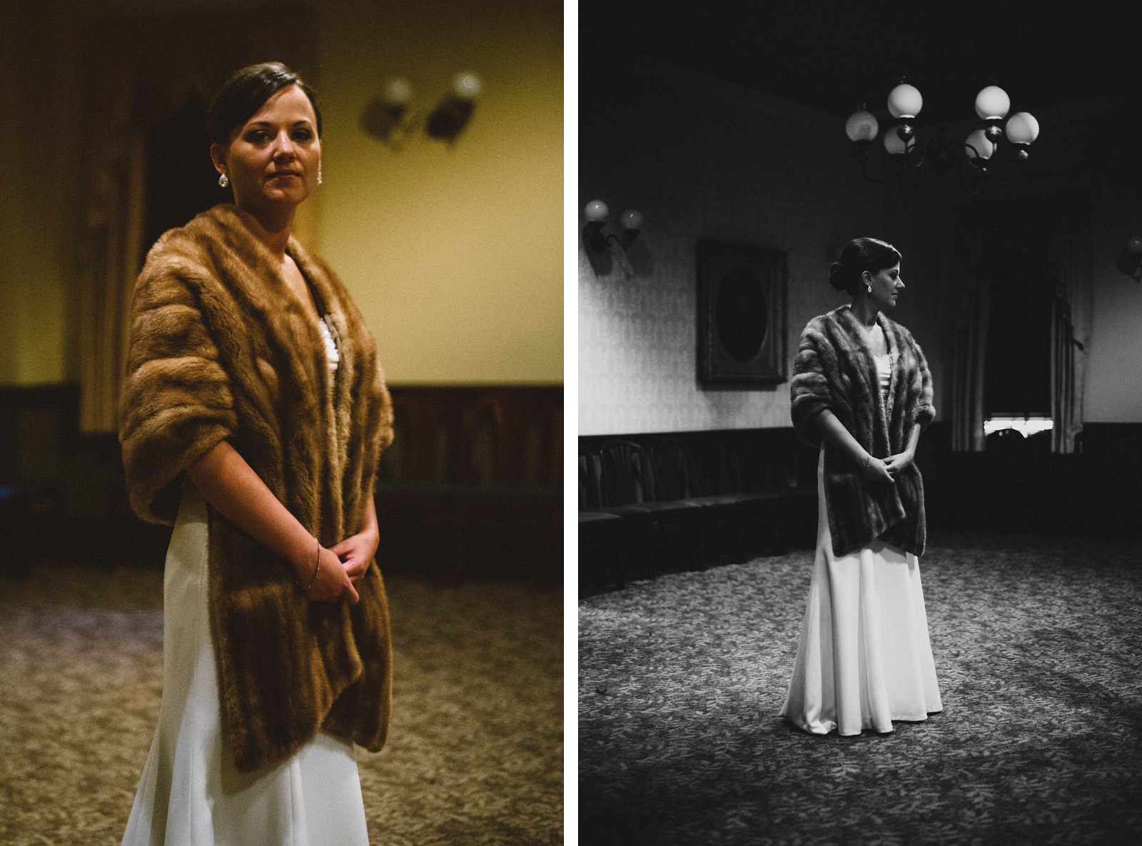 Bride posing inside restaurant wearing fur coat | Sacramento Firehouse Wedding