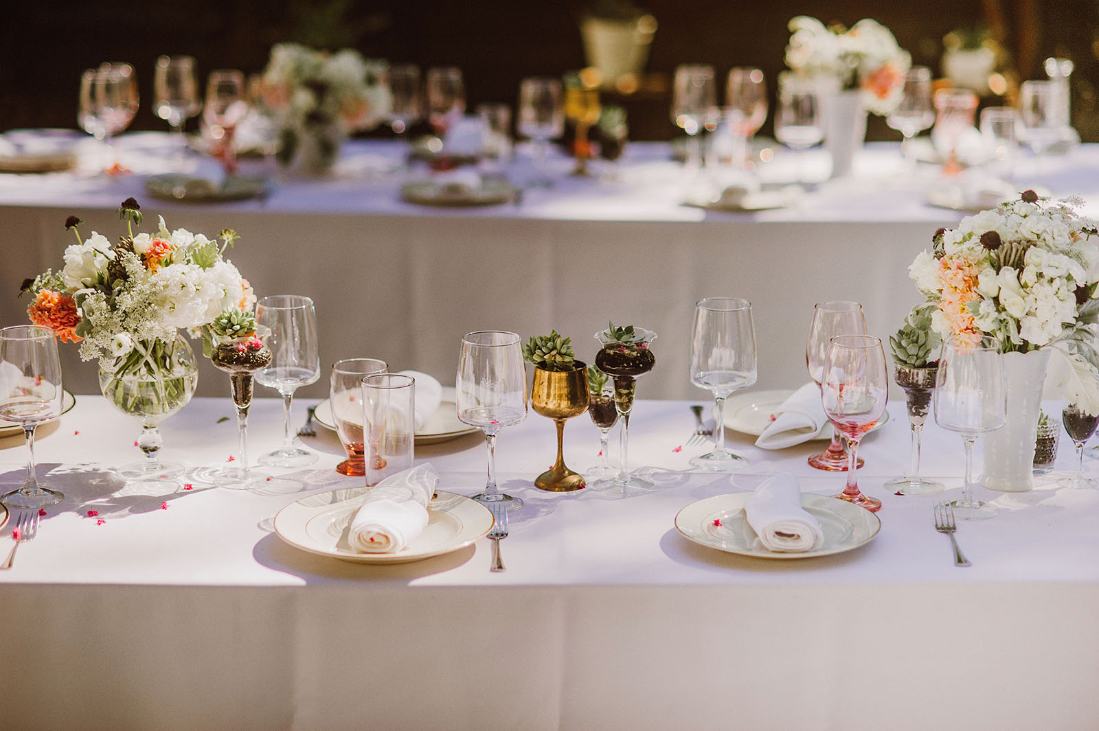 Gold goblet and succulent table settings | Backyard Chico California Wedding