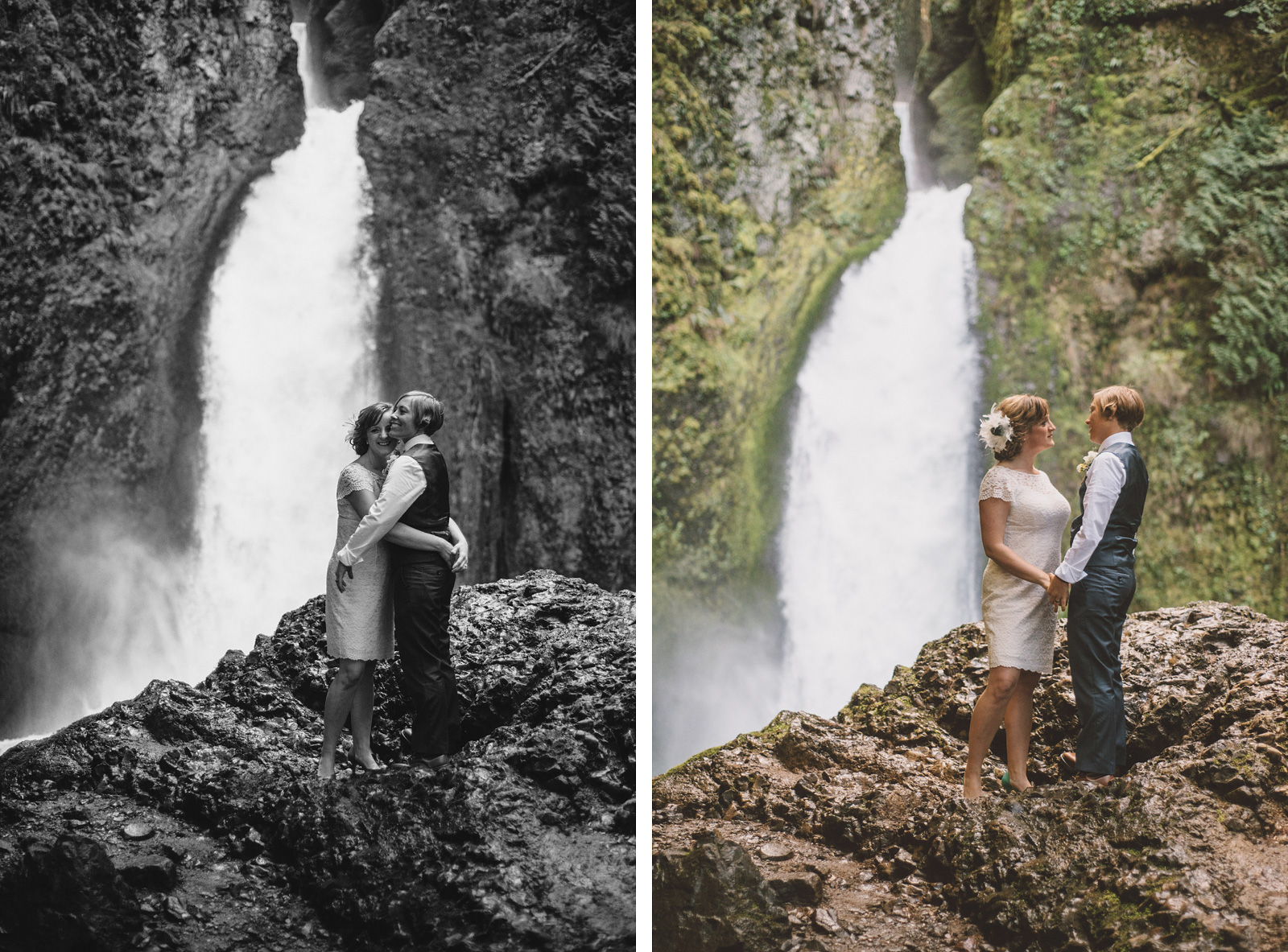 Brides hugging after hike | Wahclella Falls Wedding