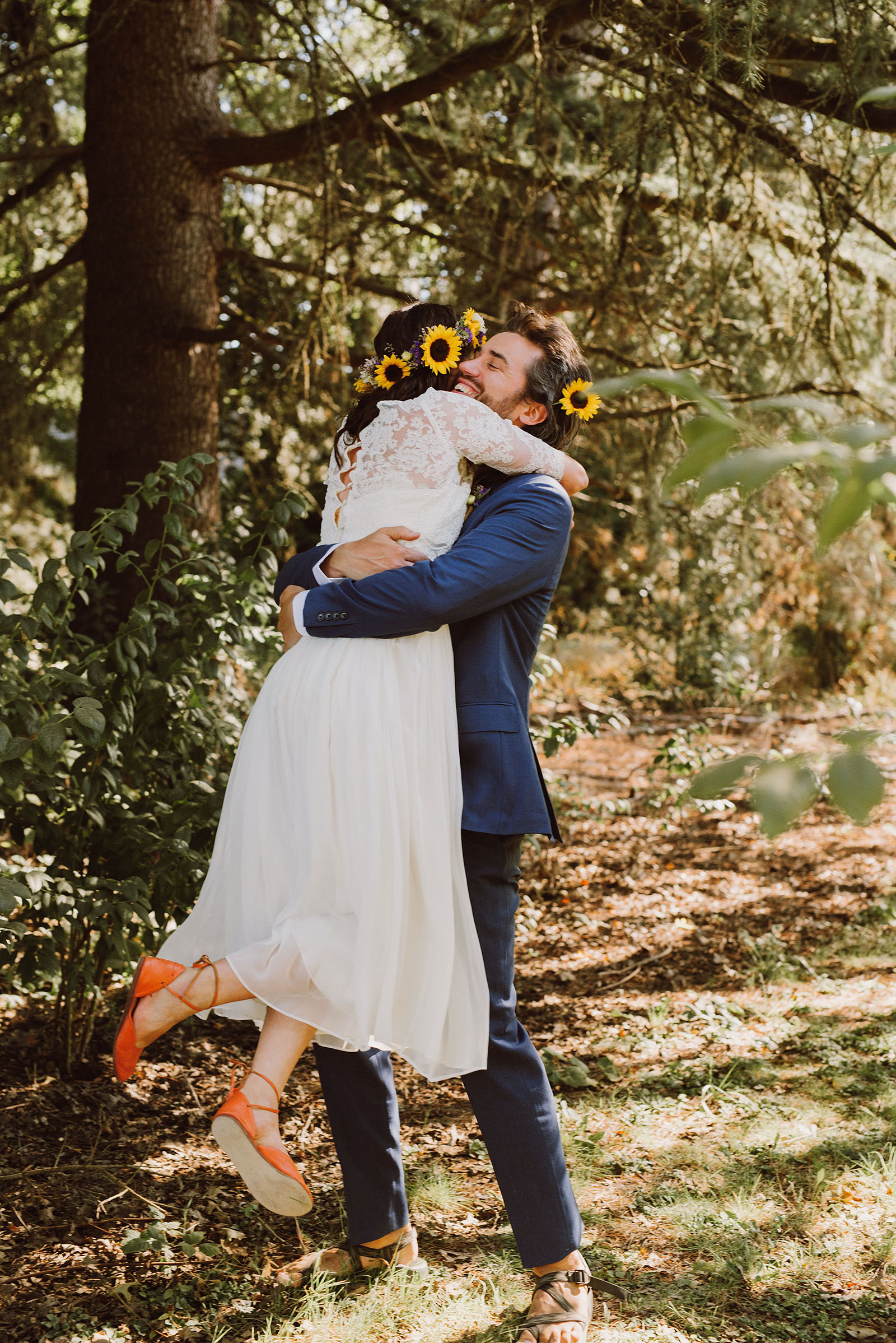 Bride and Groom hug at First Look | Sauvie Island Wedding