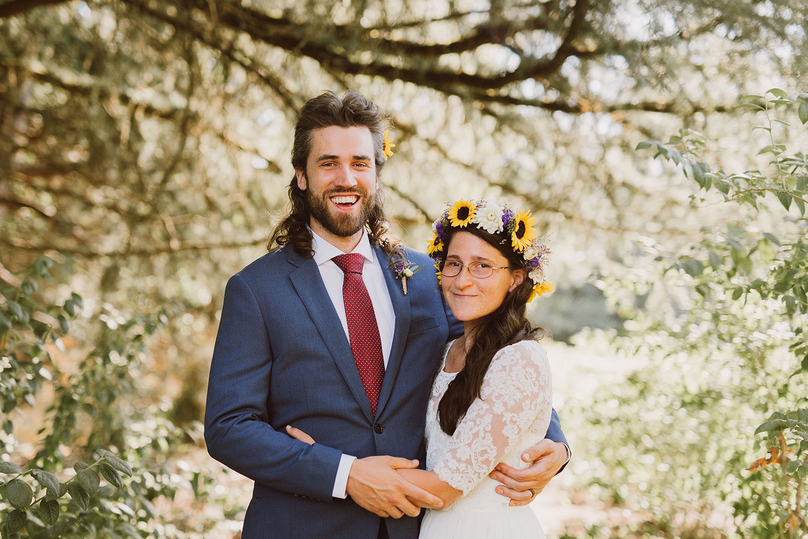 Portrait of bride and groom in a blueberry field | Sauvie Island Wedding