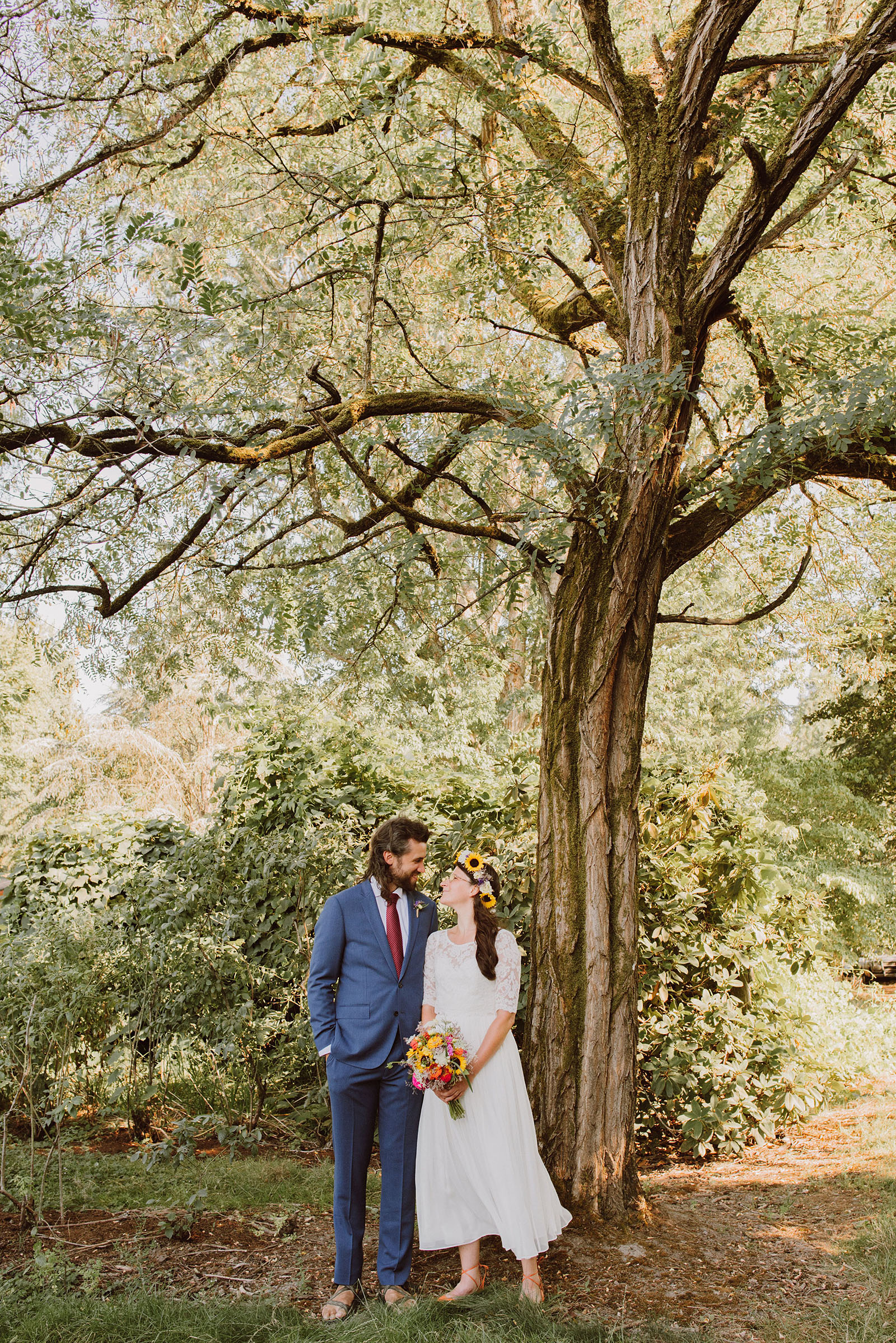 Portrait of the bride and groom under a tree | Sauvie Island Wedding