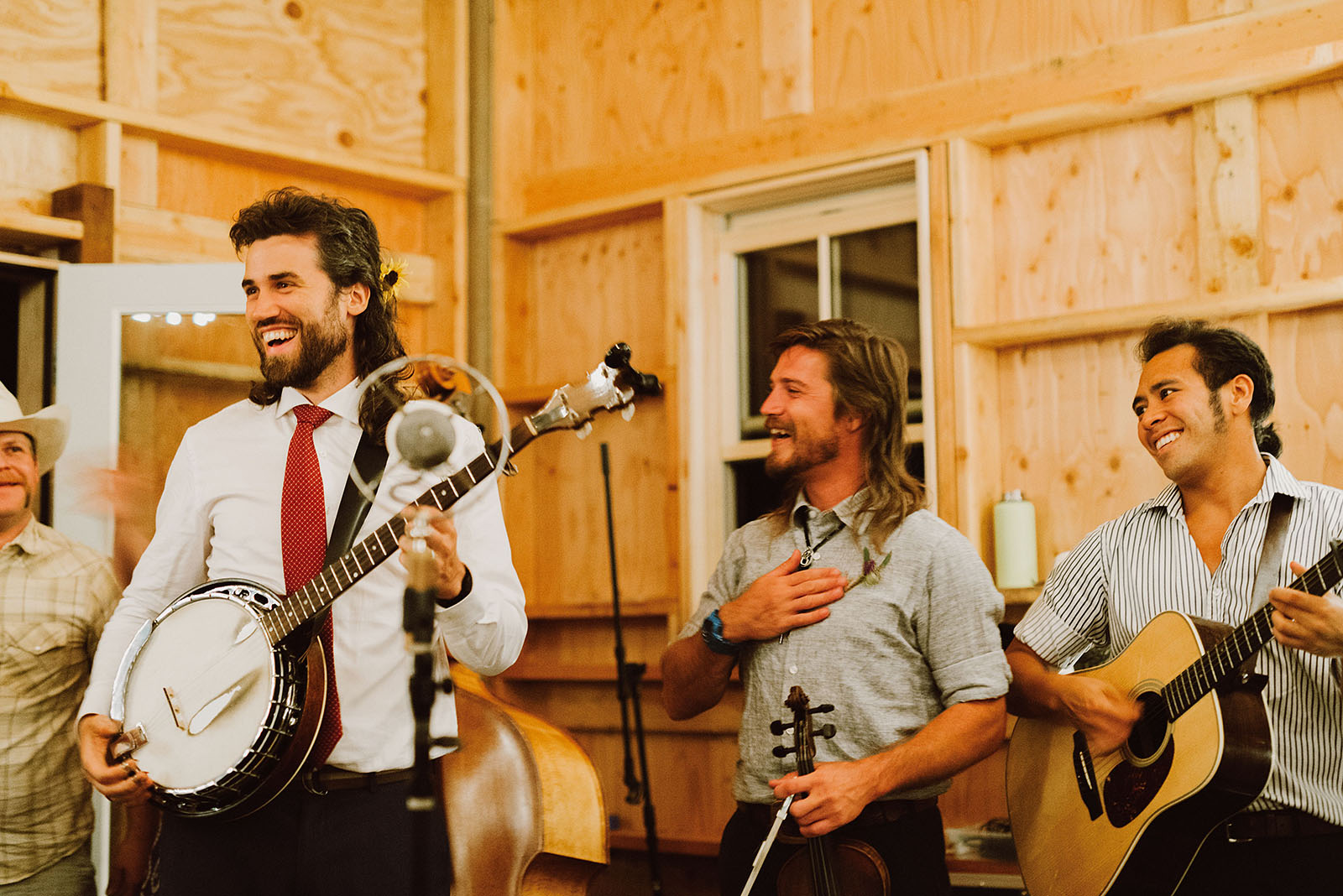 Groom joining the bluegrass musicians | Sauvie Island Wedding