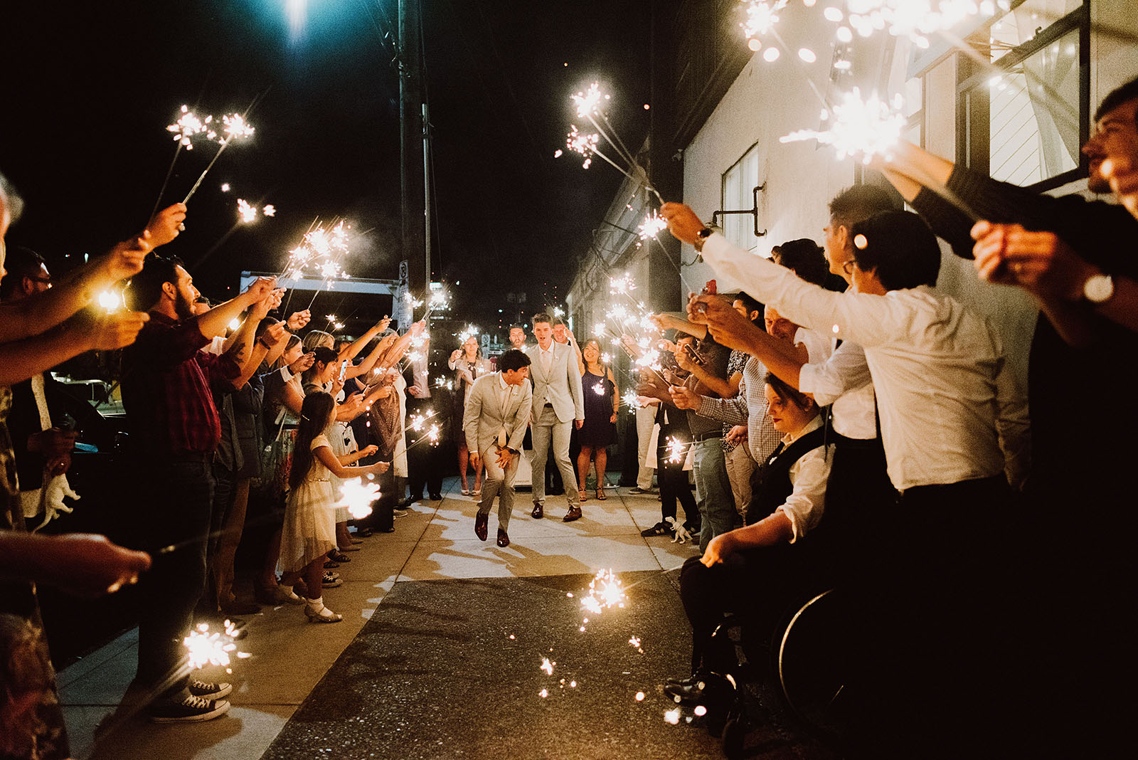 Sparkler exit on the street  the Union Pine wedding reception