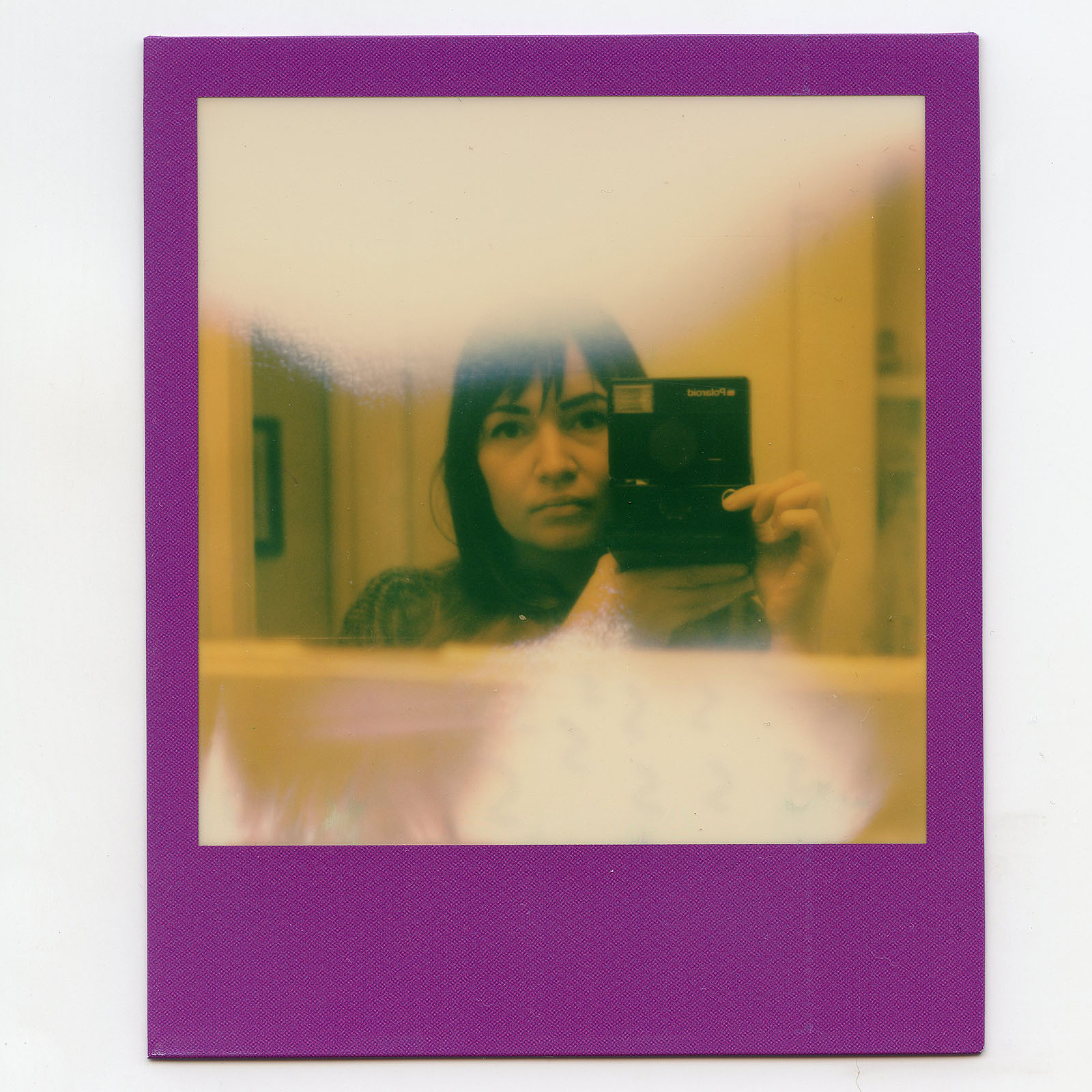 Self-portrait in a bathroom mirror with a Polaroid camera