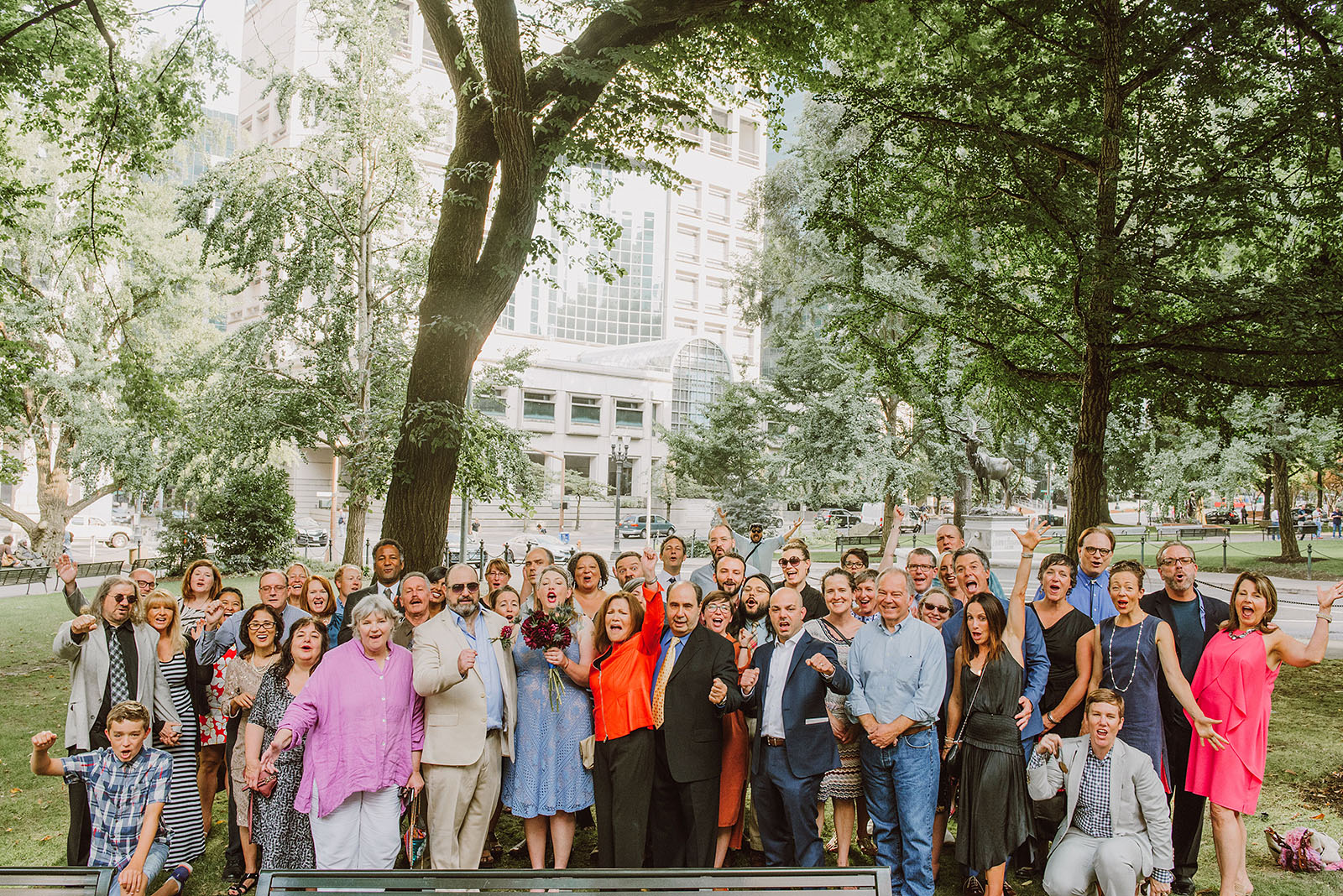 Group photo of all the guests at an intimate Ned Ludd wedding