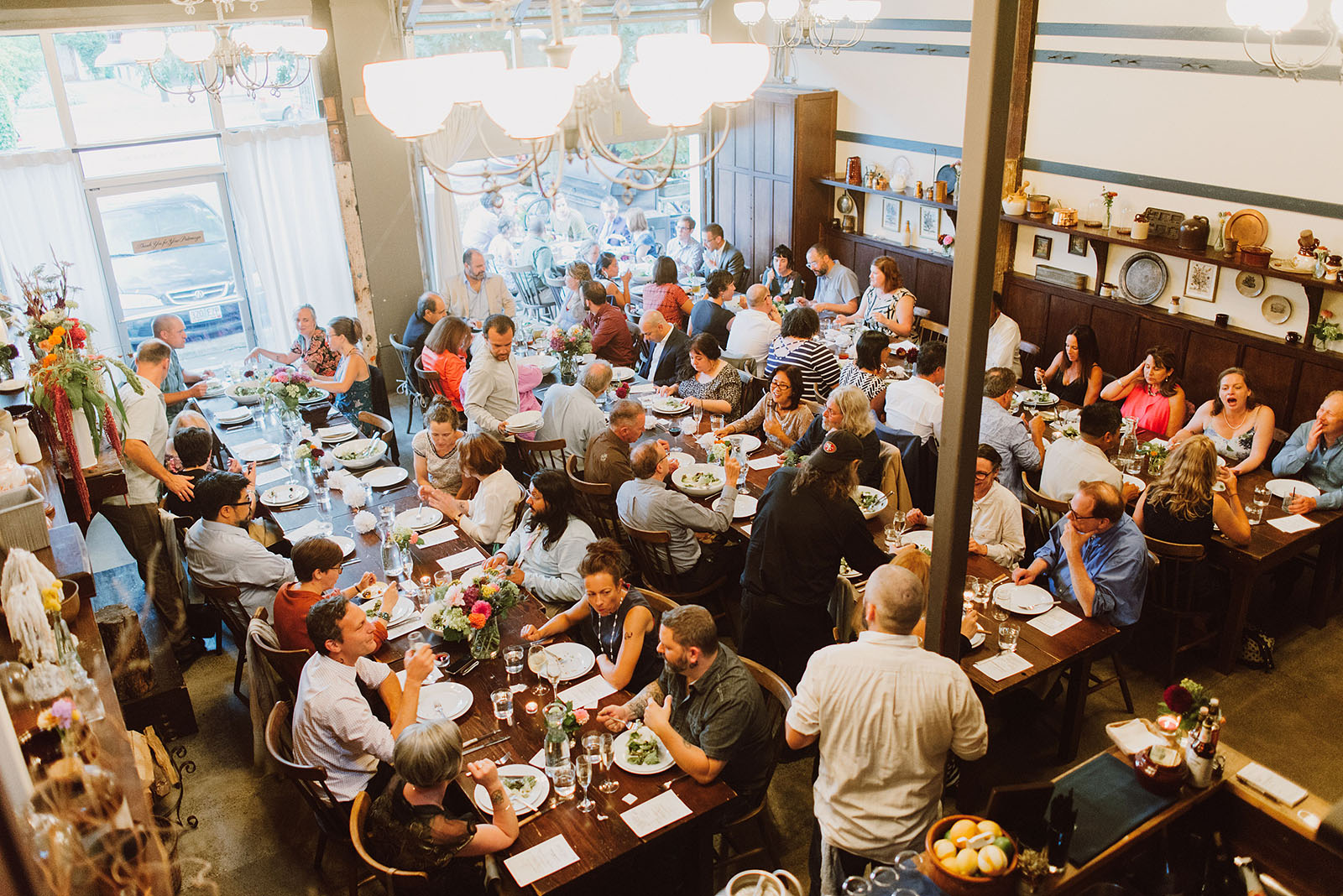 Aerial shot inside Elder Hall's dining room at an intimate Ned Ludd wedding