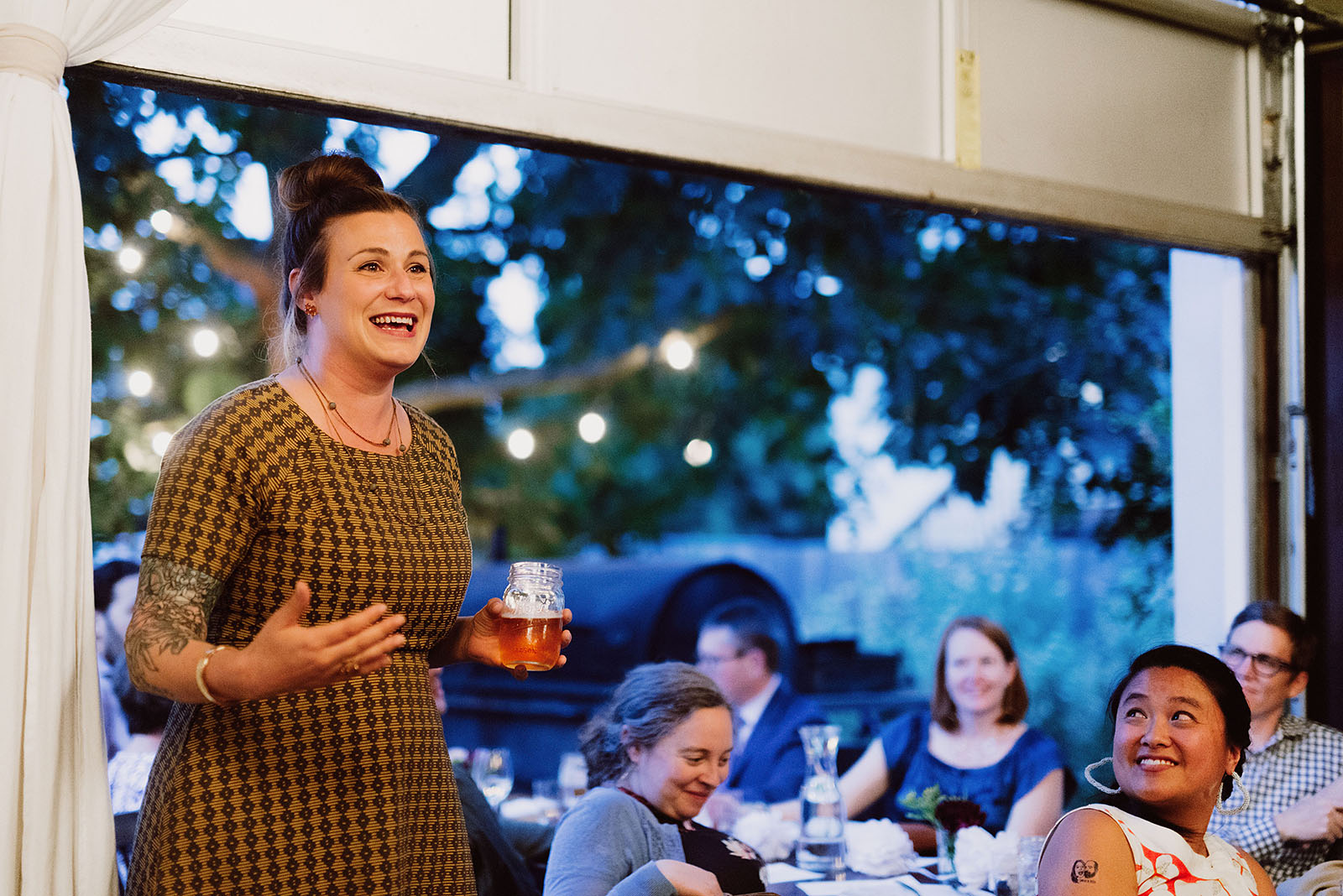 Close friend of the bride giving a speech inside Elder Hall at an intimate Ned Ludd wedding