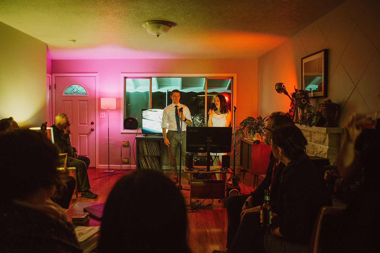 Bride and Groom doing wedding day karaoke