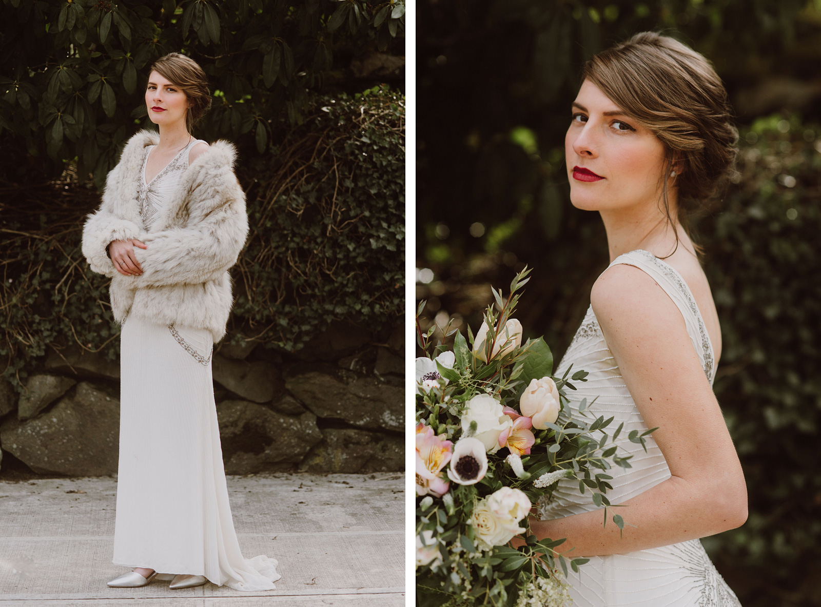 Portland Bridal Photography - Bride posing in fur coat on street corner