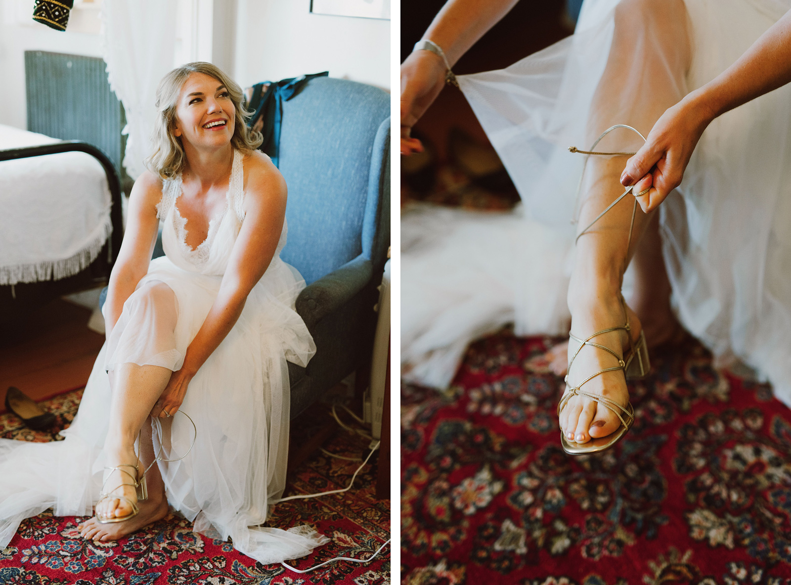 Bride lacing up her shoes at a SouWester Wedding in Seaview, WA