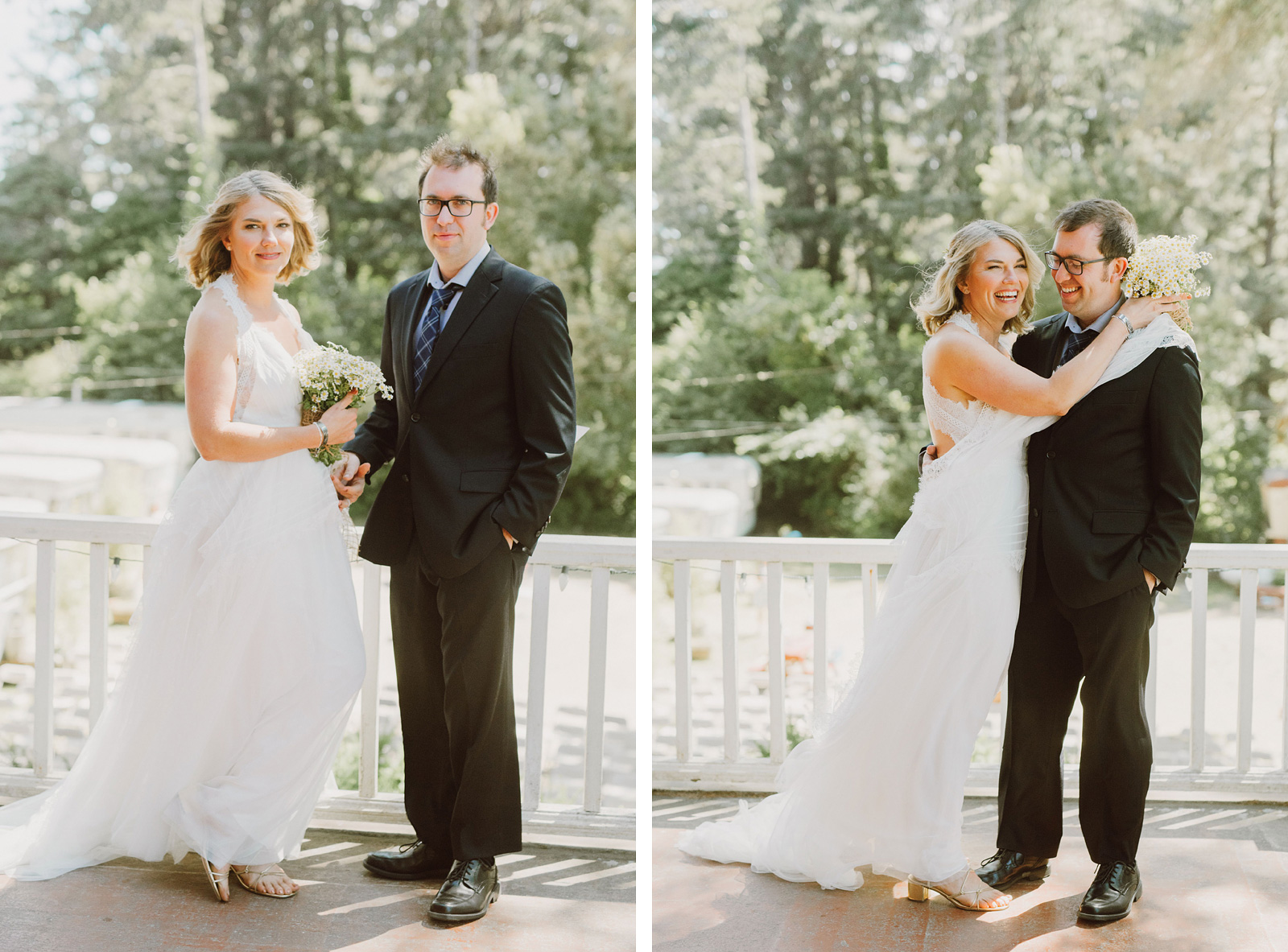 Portraits of bride and groom on the balcony at a SouWester Wedding in Seaview, WA