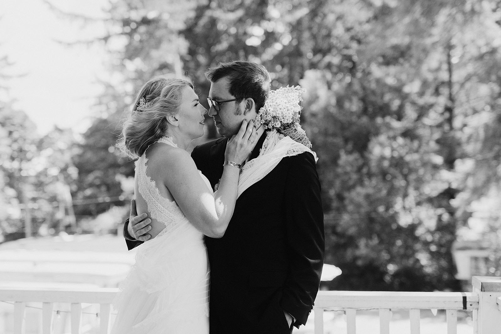 Portrait of Bride and Groom on the balcony at a SouWester Wedding in Seaview, WA