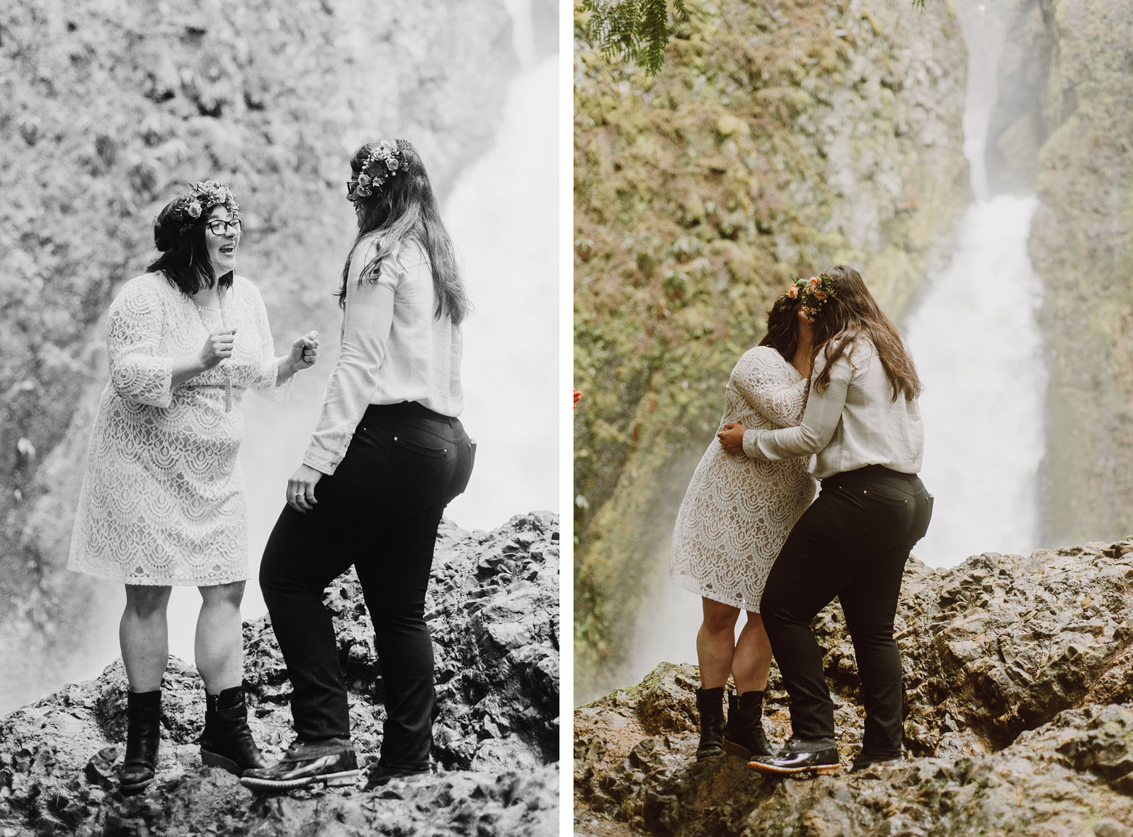 Brides cheering after wedding ceremony at a Portland waterfall elopement