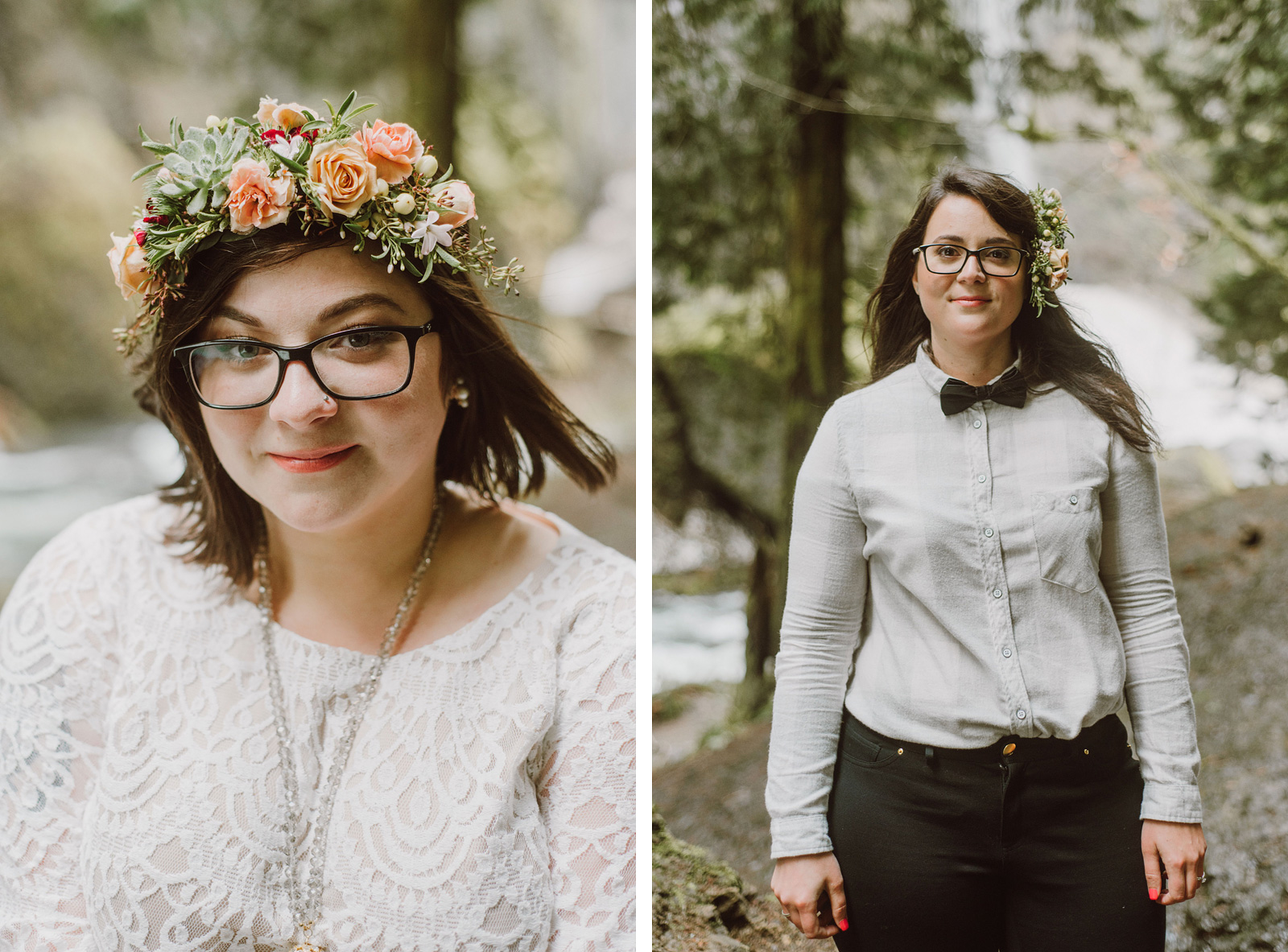 Portraits of the brides at a Portland waterfall elopement
