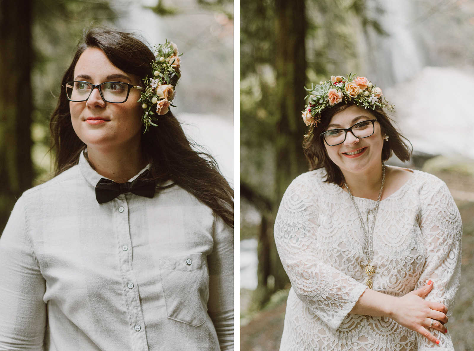 Portraits of the brides at a Portland waterfall elopement