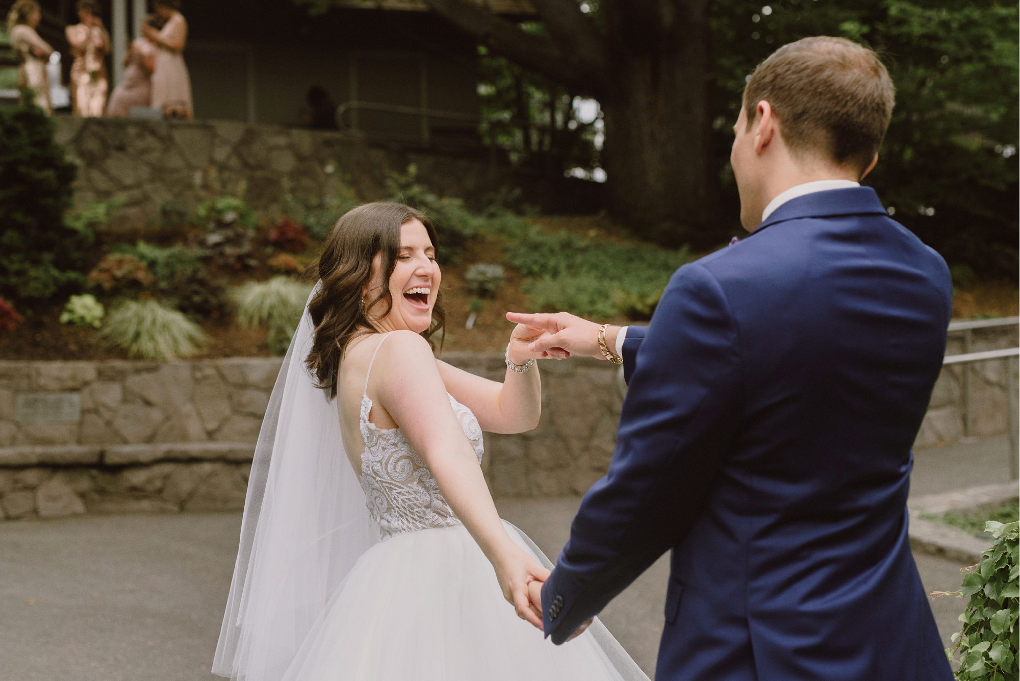 Bride and Groom making finger guns at each other | Portland Wedding Photographer