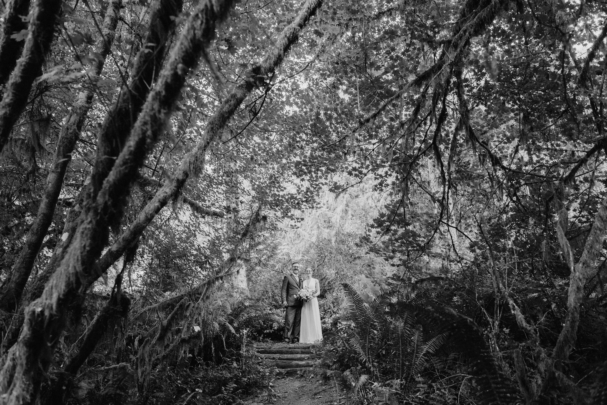 Black and White Portrait of Bride and Groom in the forest in Portland, OR