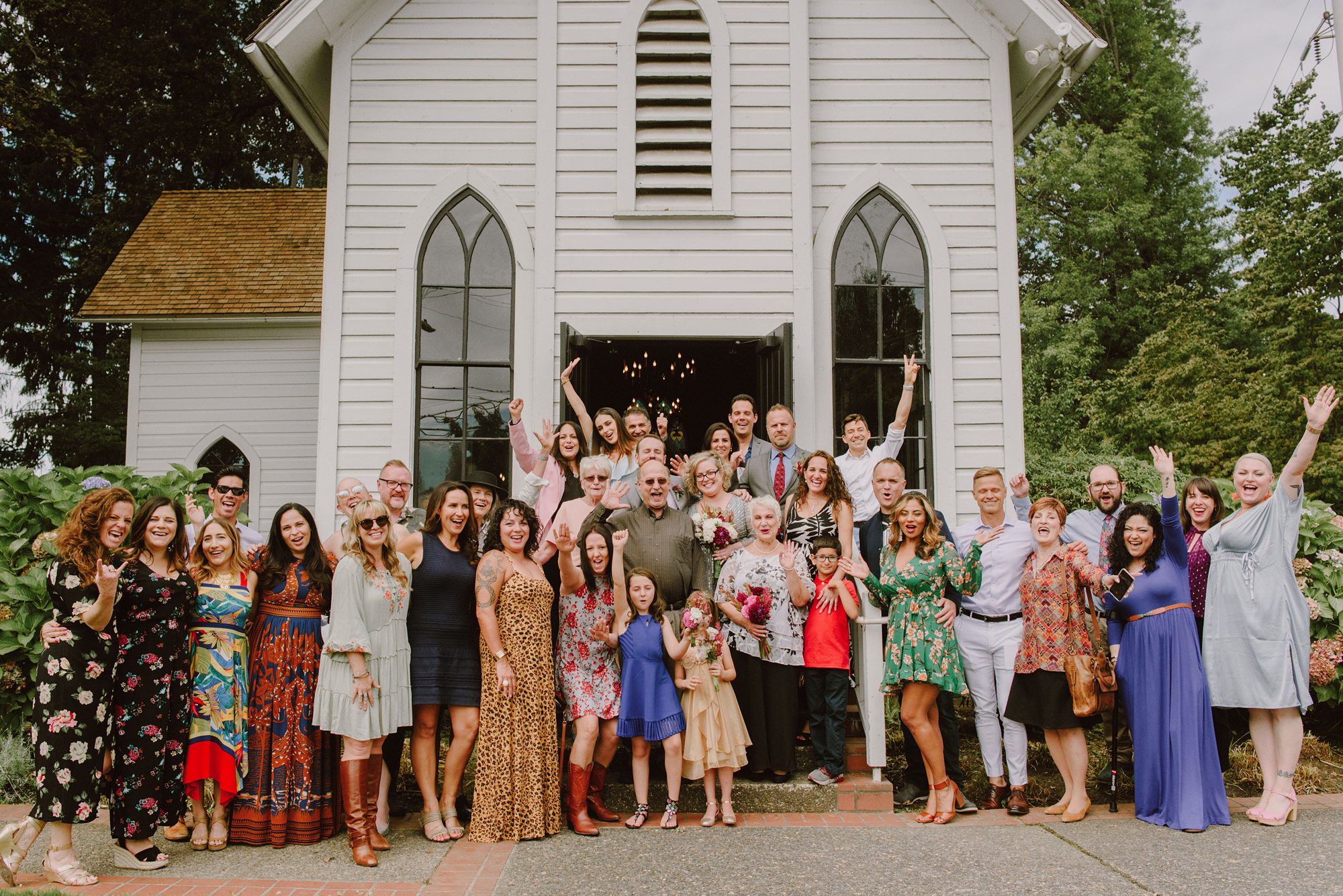 Wedding party photo at Oaks Pioneer Church in Portland, OR