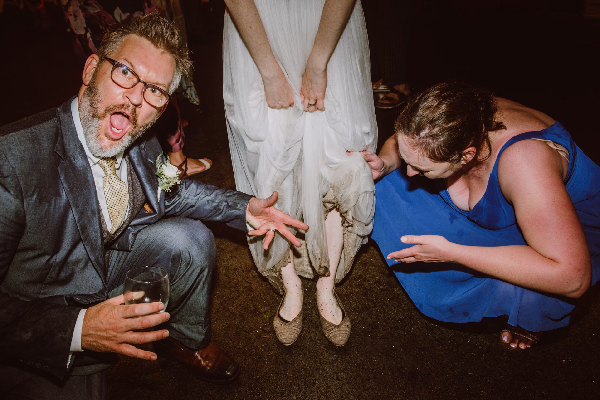 Groom laughing at Bride's dirty wedding dress | Portland Wedding Photographer