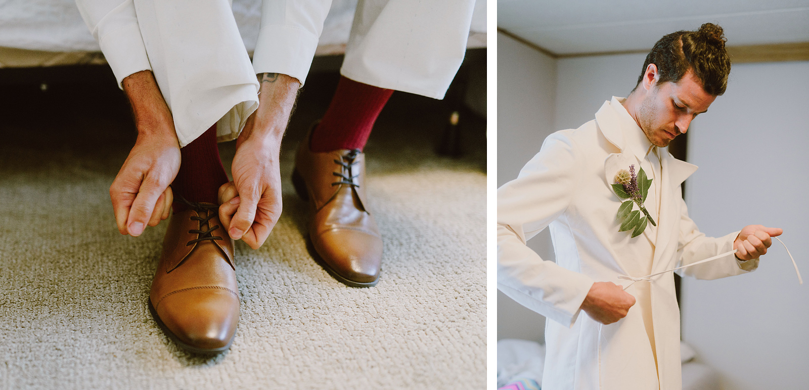 Groom getting dressed and putting on dress shoes - Columbia Gorge River Wedding in Oregon