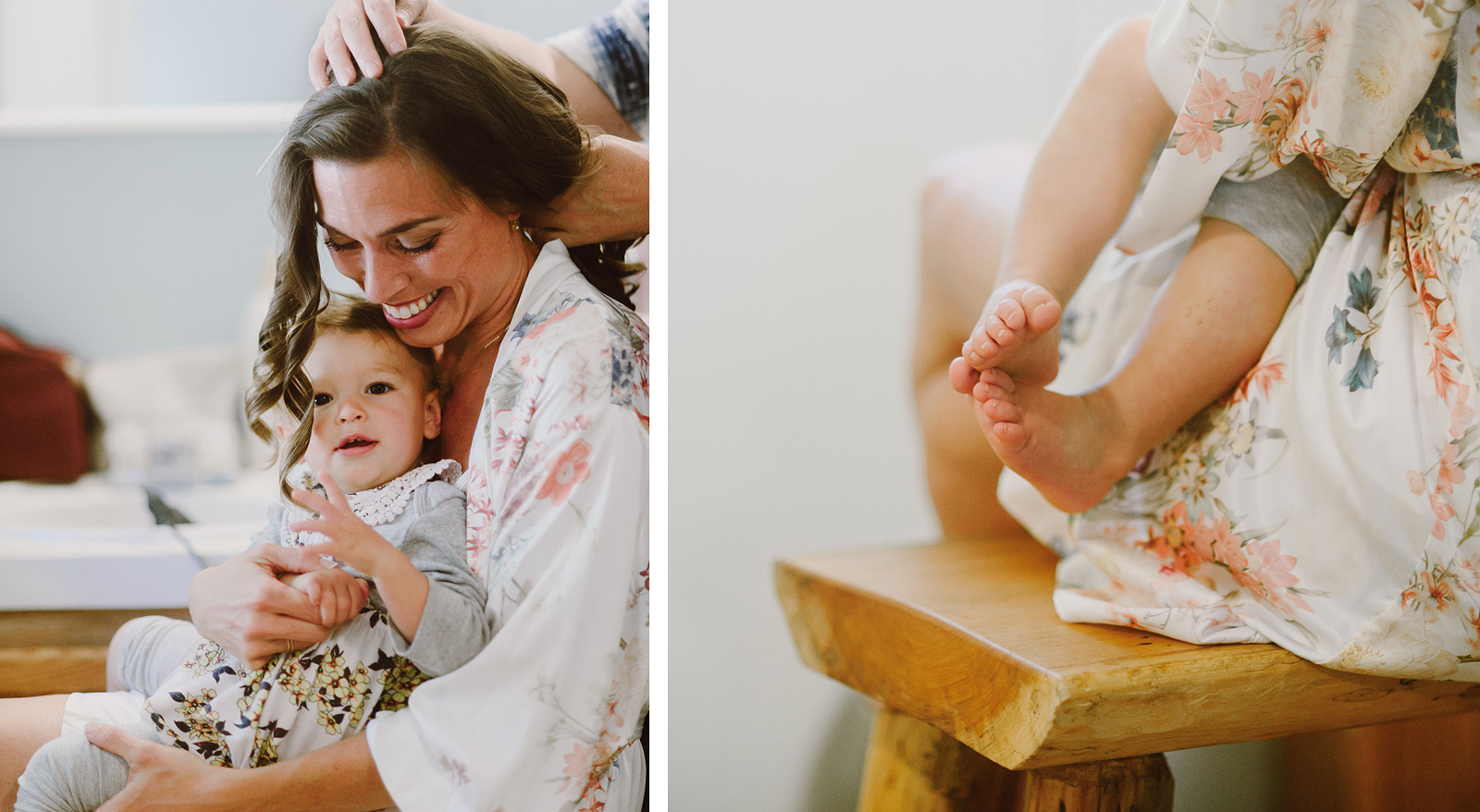 Bride smiling while holding her baby and getting her hair done - Columbia River Gorge wedding