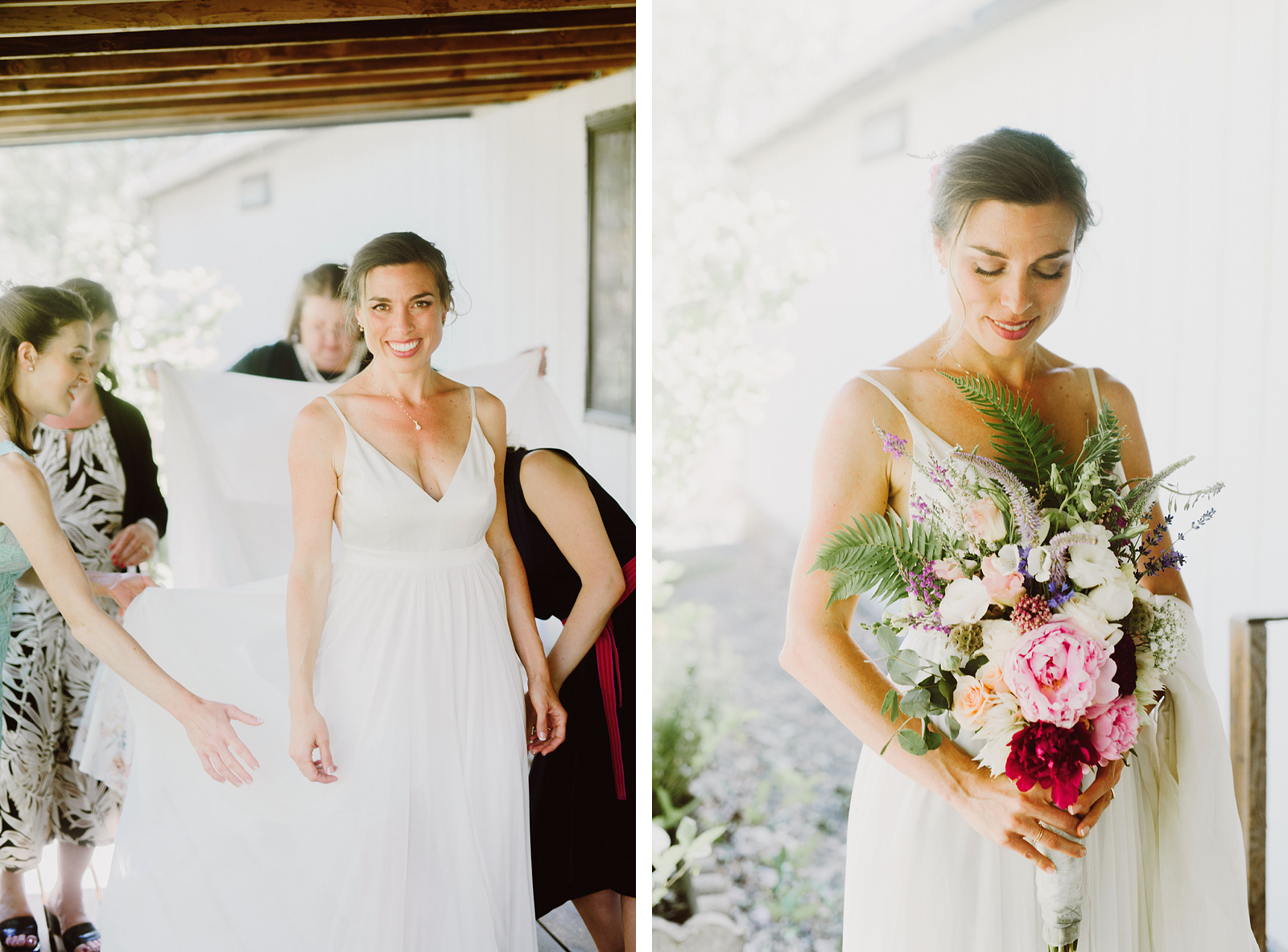 Portraits of bride with friends helping her get dressed - Columbia River Gorge wedding