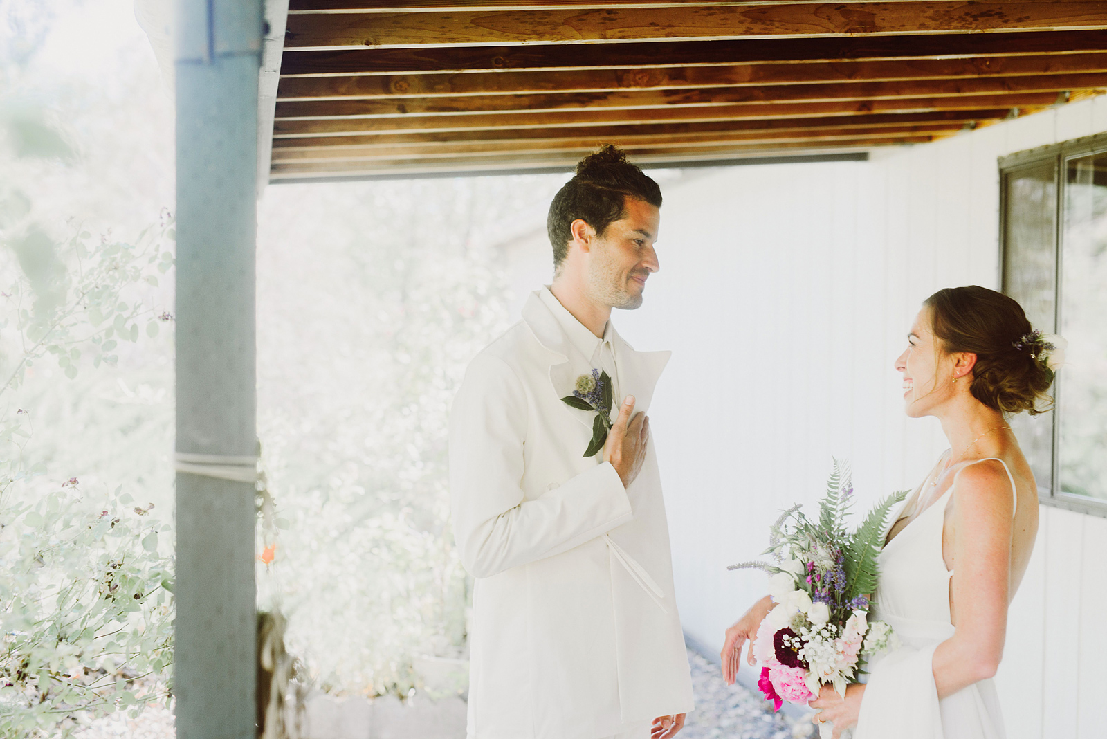 Groom holding his hand to his chest during the First Look - Columbia River Gorge wedding