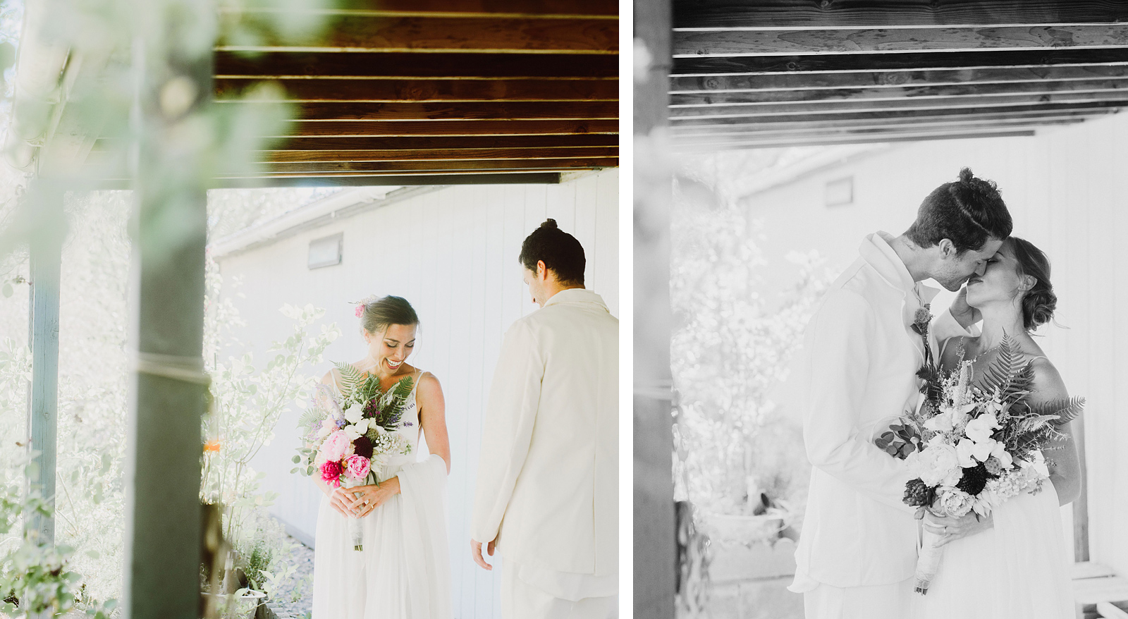 Bride and groom kissing during the First Look - Columbia River Gorge wedding in Mosier, OR