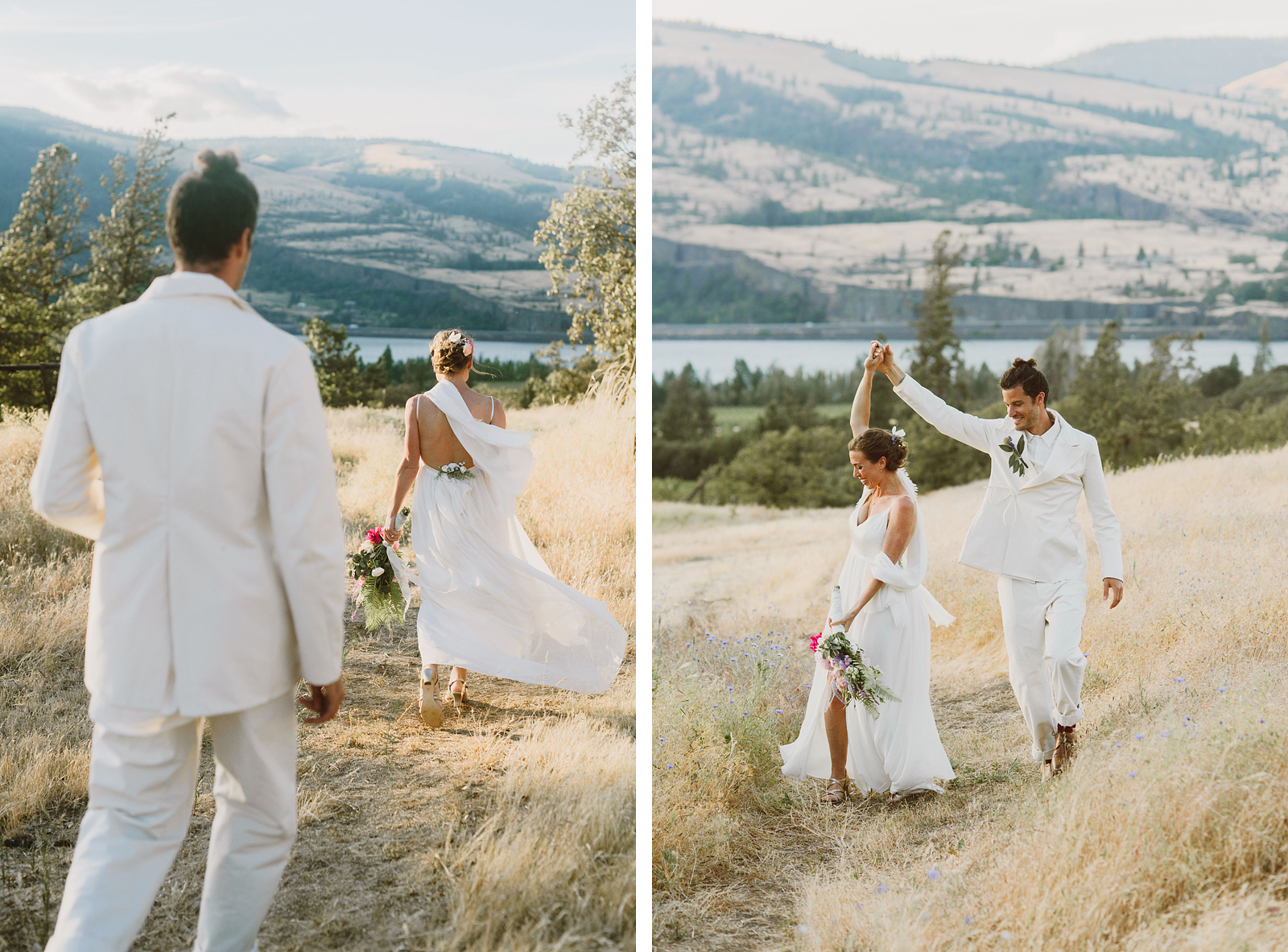 Bride and groom dancing down a dirt path at their Columbia Gorge River Wedding in Oregon