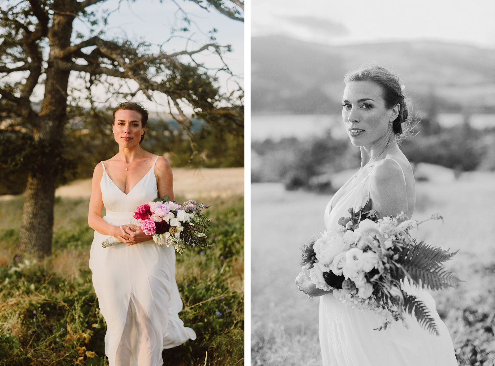 Portraits of a bride in an open field at a Columbia Gorge River Wedding in Oregon