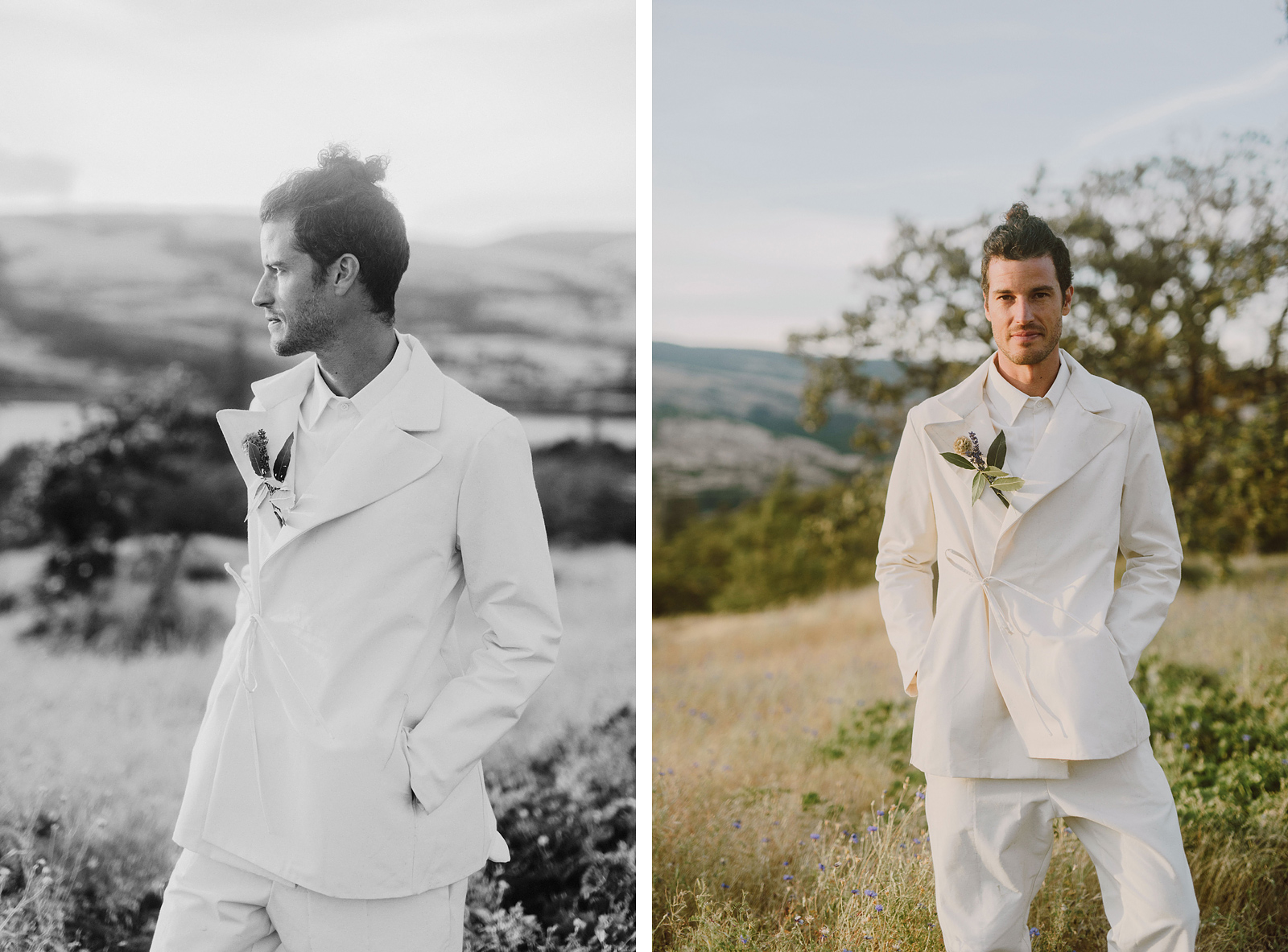 Portraits of a fashionable groom standing in an open field at a Columbia Gorge River Wedding in Oregon