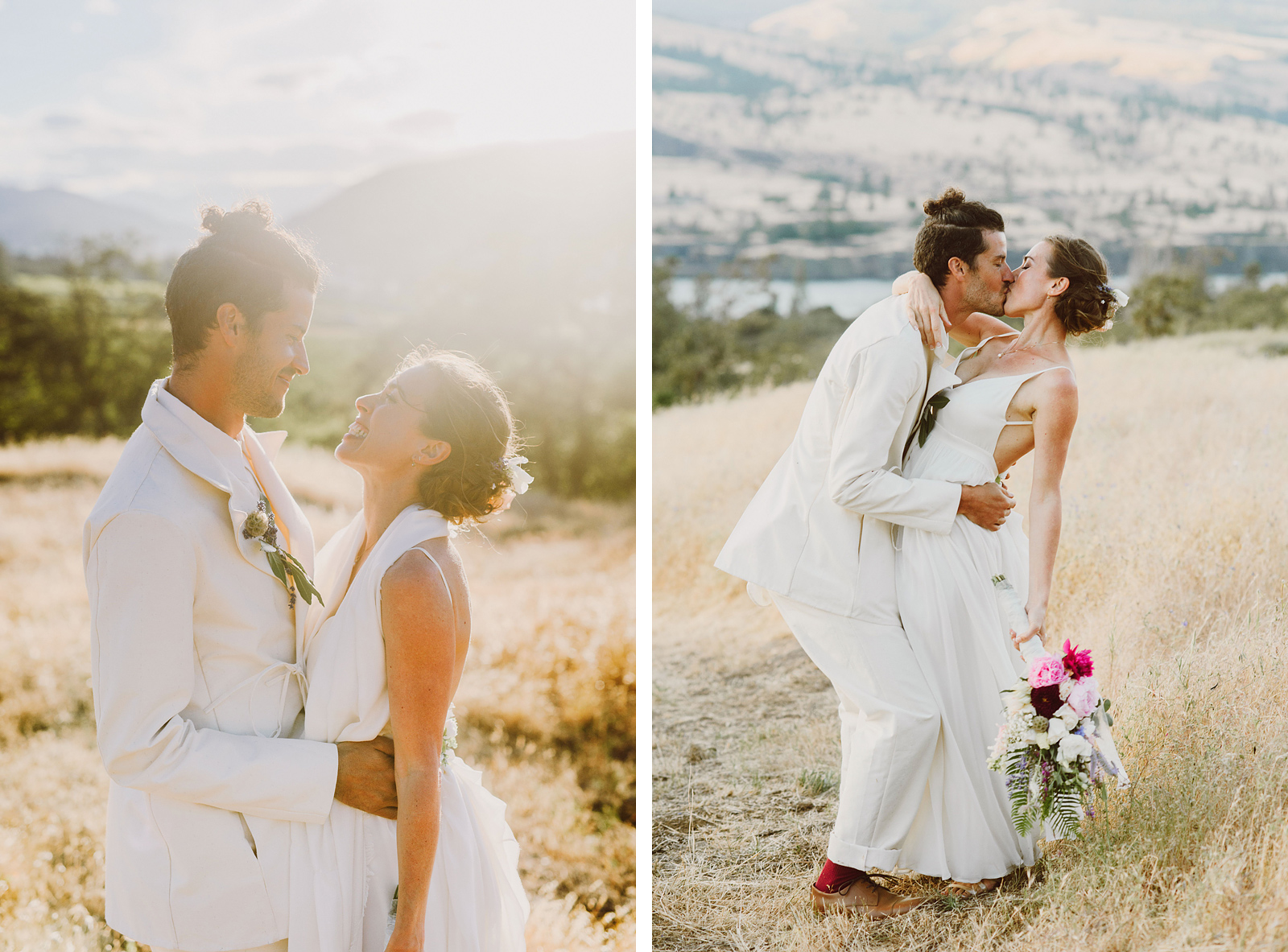Portraits of bride and groom during golden hour in an open field - Columbia River Gorge wedding