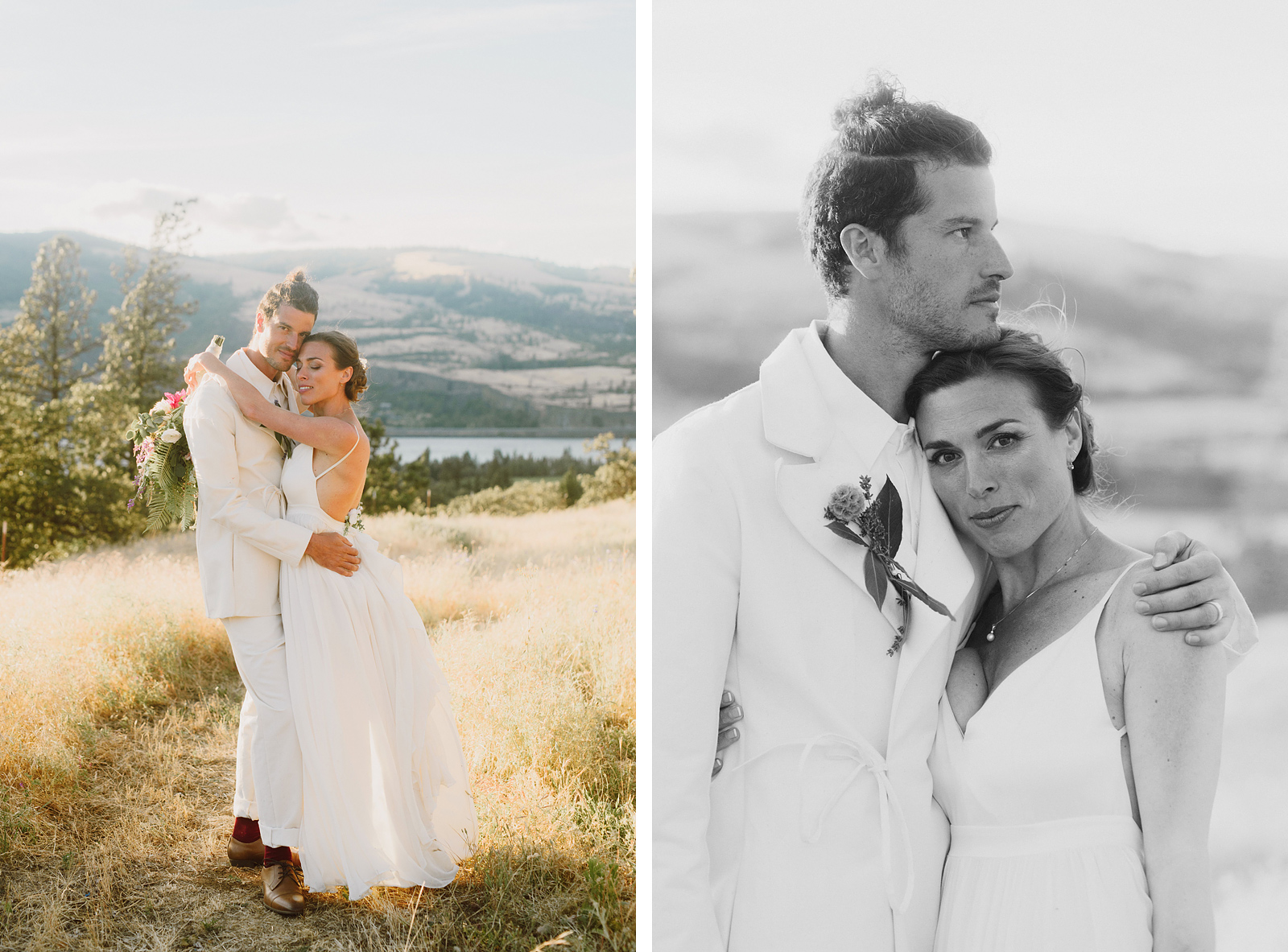 Romantic portraits of bride and groom in an open field at their Columbia Gorge River Wedding in Oregon