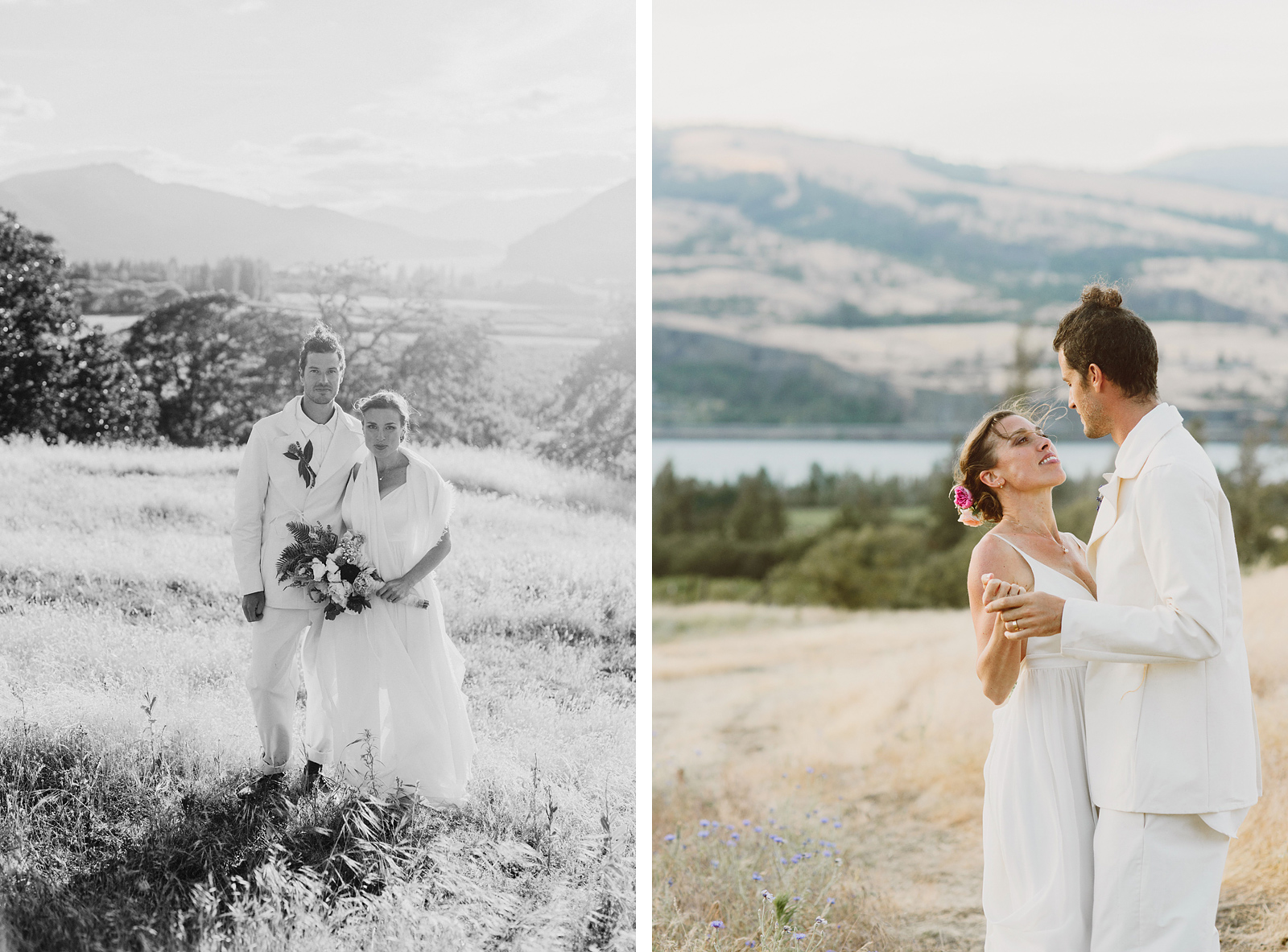 Bride and groom dancing in a field during golden hour - Columbia River Gorge wedding