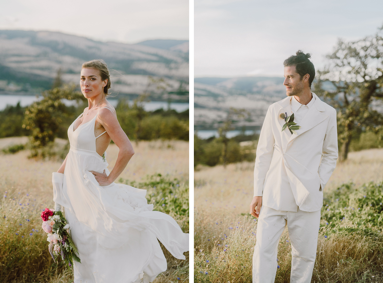 Fashionable portraits of bride and groom at a Columbia Gorge River Wedding in Oregon