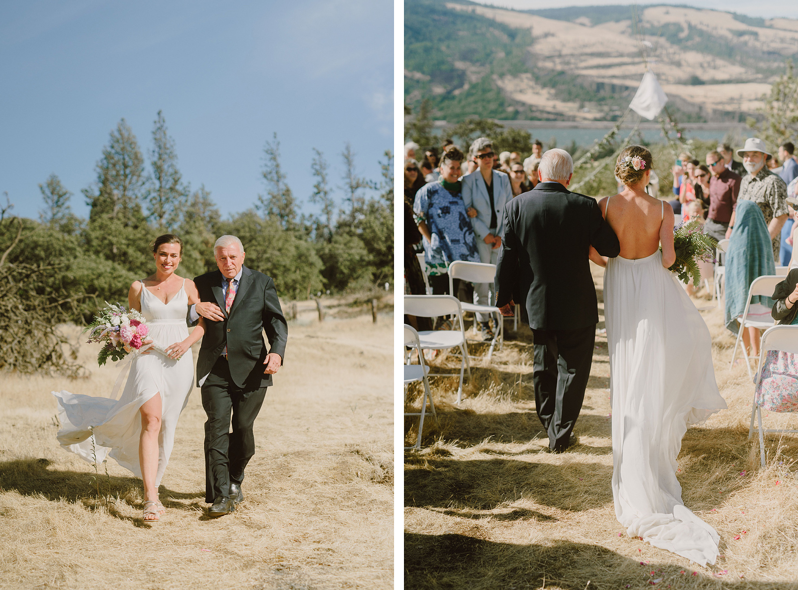 Bride walking down the aisle with her father - Columbia River Gorge wedding in Mosier, OR
