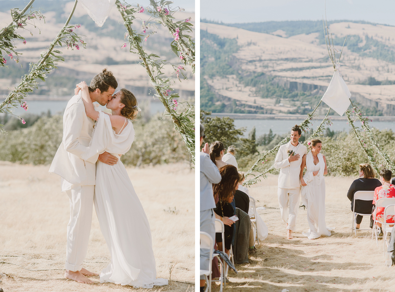 Newlyweds walking down the aisle after their Columbia Gorge River wedding ceremony