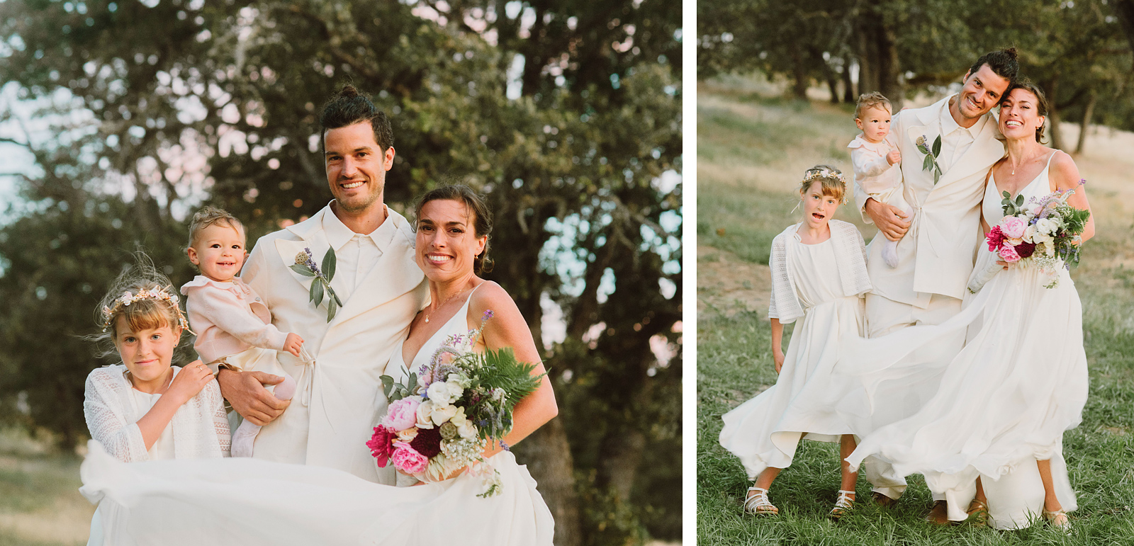 Newlyweds and their daughters posing for portraits in a field - Columbia Gorge River Wedding in Oregon