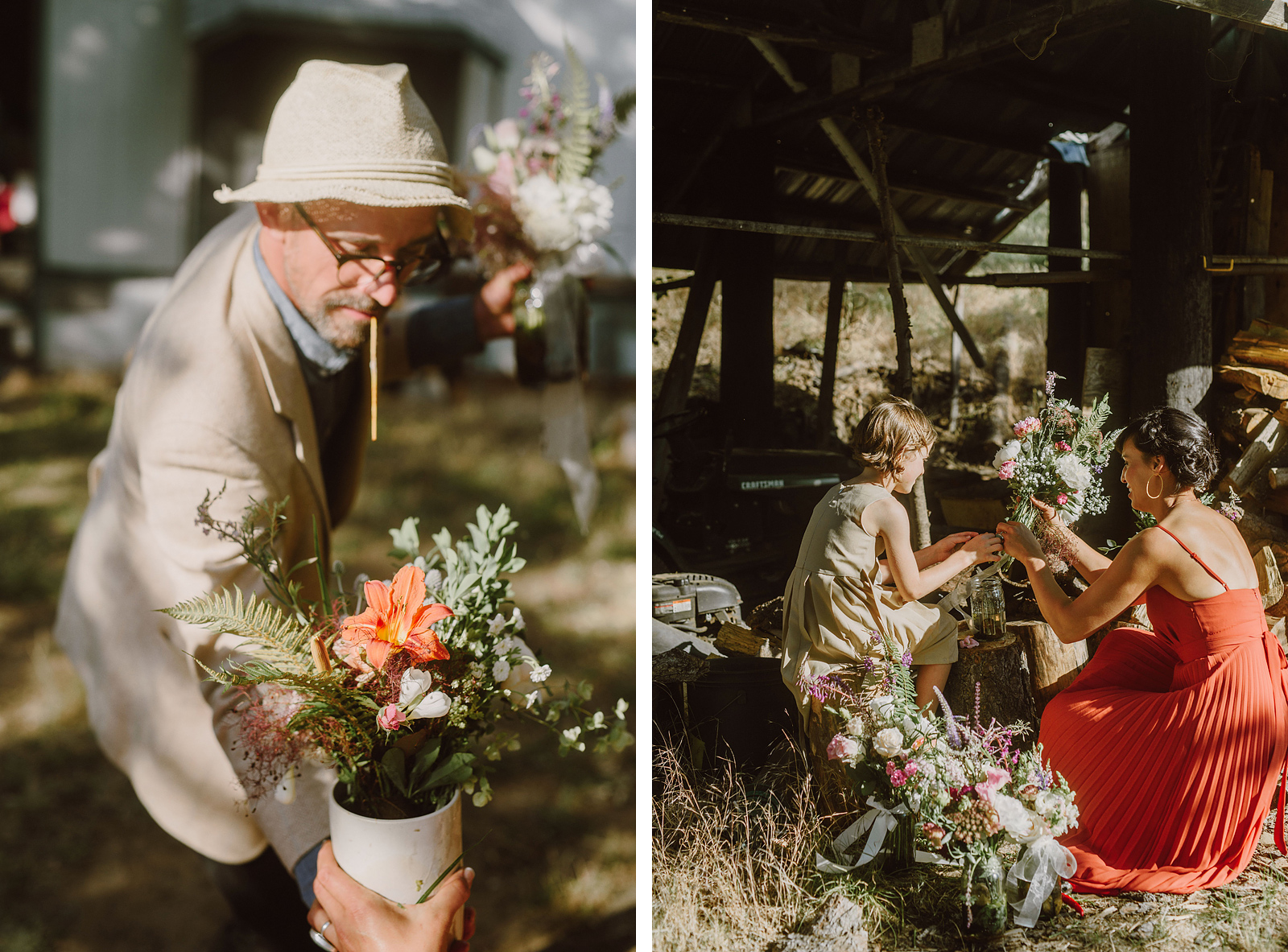 Guests preparing floral arrangements for table settings - Columbia River Gorge wedding in Mosier, OR
