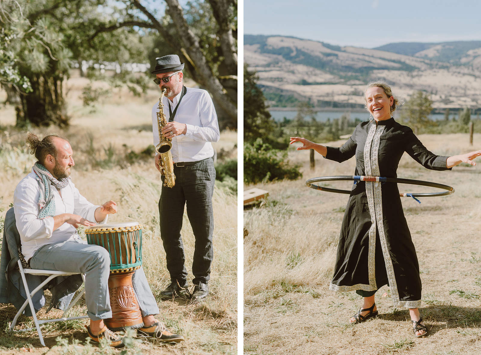Guests playing drums and saxophone while others hula hoop - Columbia River Gorge wedding reception in Mosier, OR