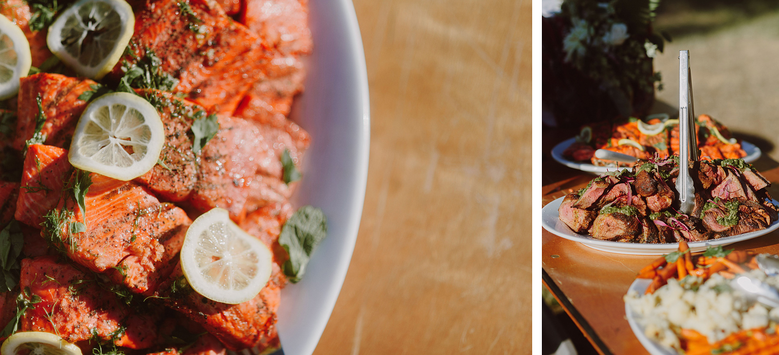 Salmon and steak dishes prepared by My Vice Catering - Columbia River Gorge wedding reception in Mosier, OR