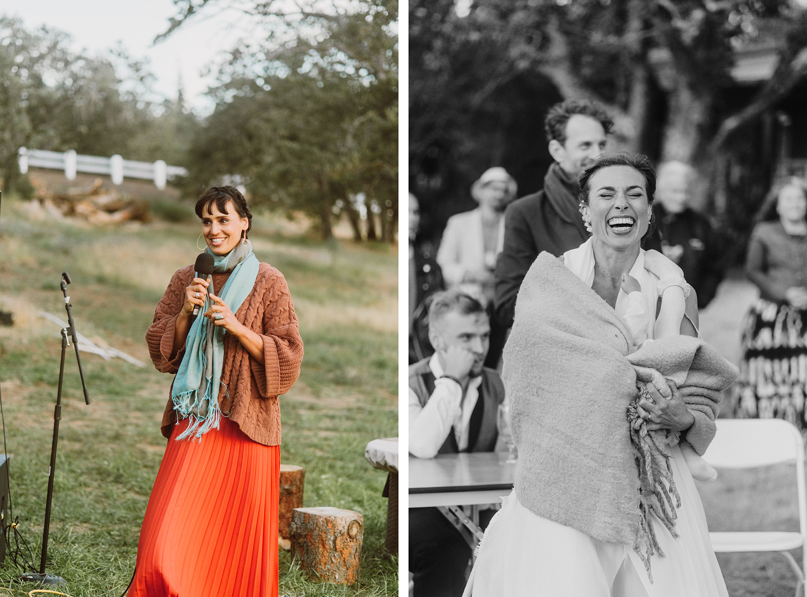 Bride laughing while a guest gives a toast - Columbia Gorge River Wedding in Oregon