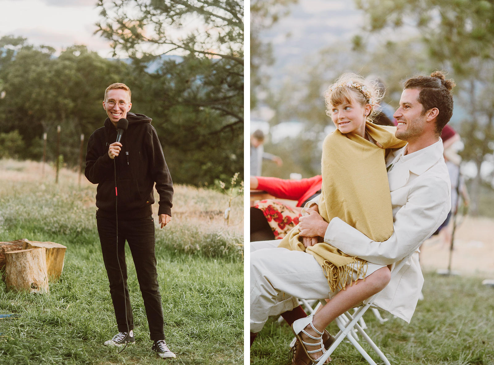 Groom and his daughter watching guests give toasts - Columbia Gorge River Wedding in Oregon