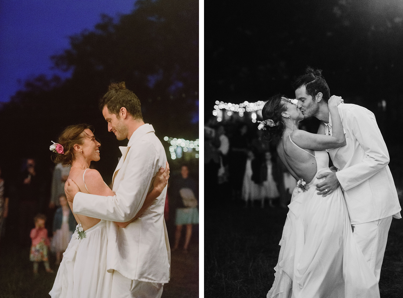 Newlyweds enjoying a romantic first dance at night - Columbia Gorge River Wedding Reception