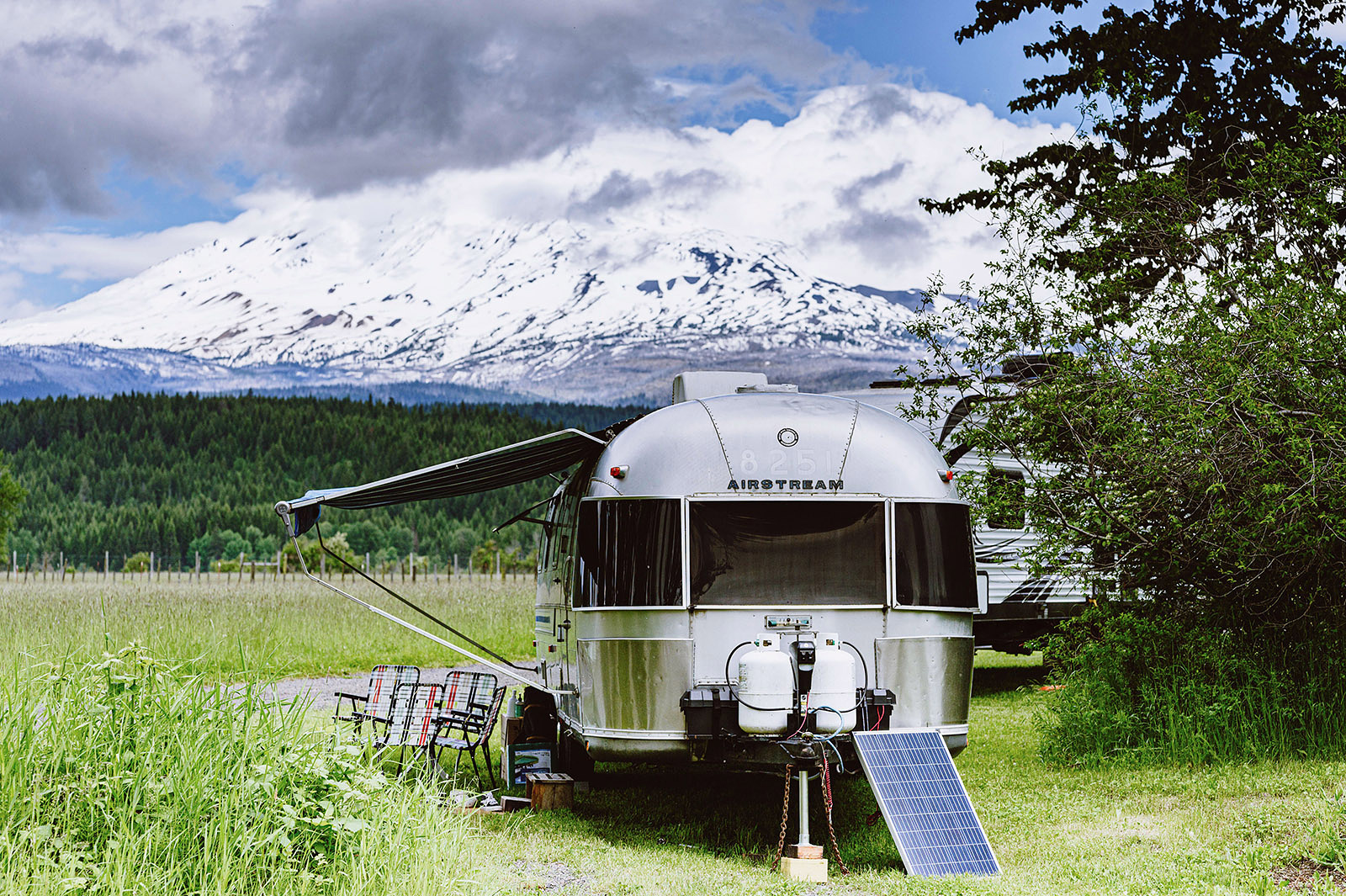 Airstream trailer parked at the base of Mt Adams, Trout Lake, WA