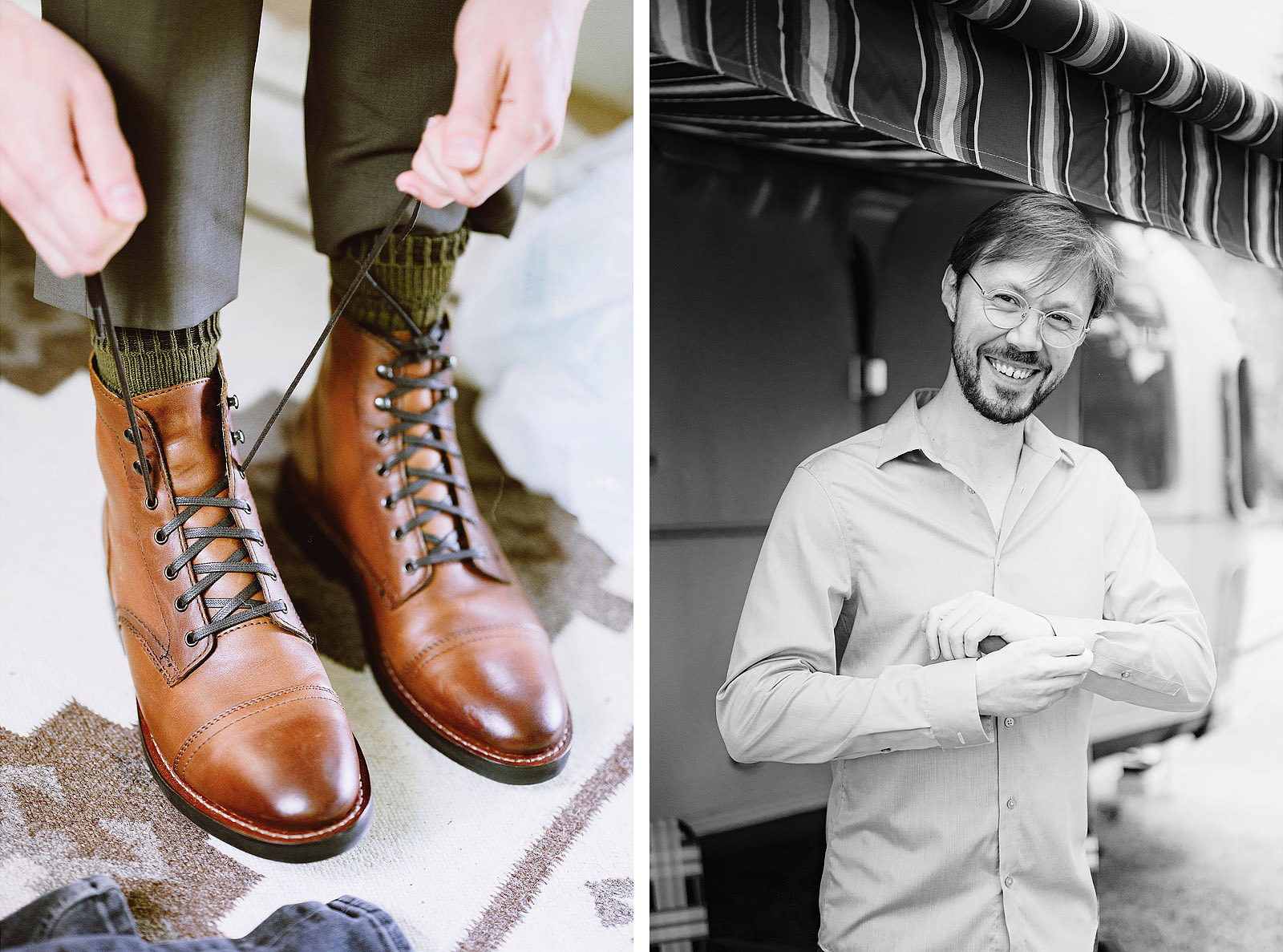 Groom getting dressed and tying shoes before a Trout Lake Wedding