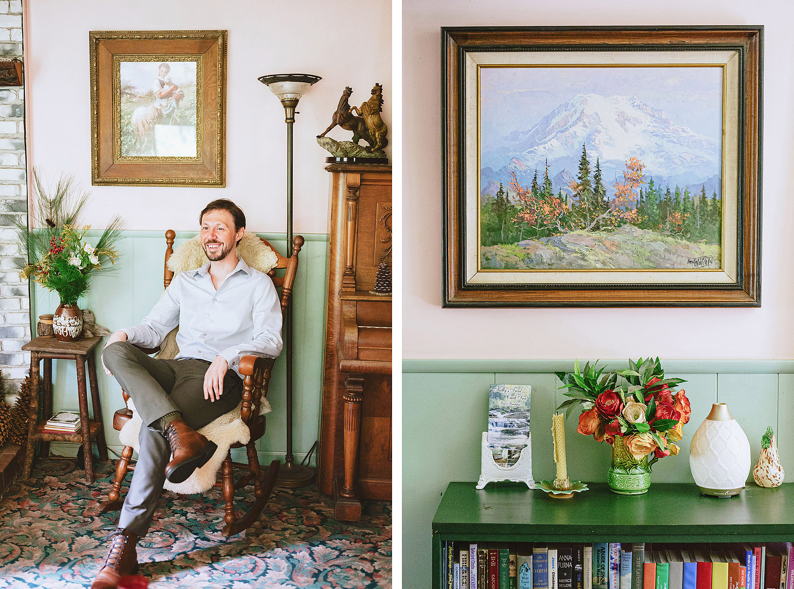 Groom sitting down inside Kelly's Trout Creek Inn near Hollenbeck Park, WA